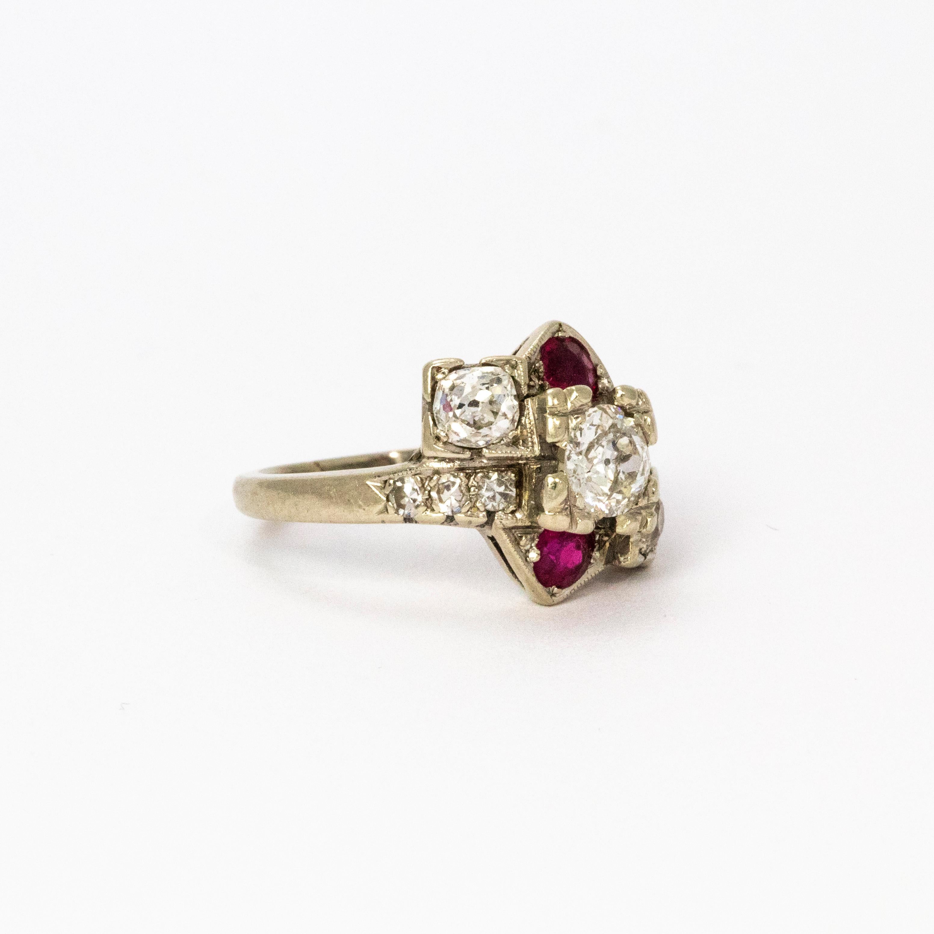 1940s Ruby and Diamond 14 Karat White Gold Cocktail Ring In Good Condition In Chipping Campden, GB