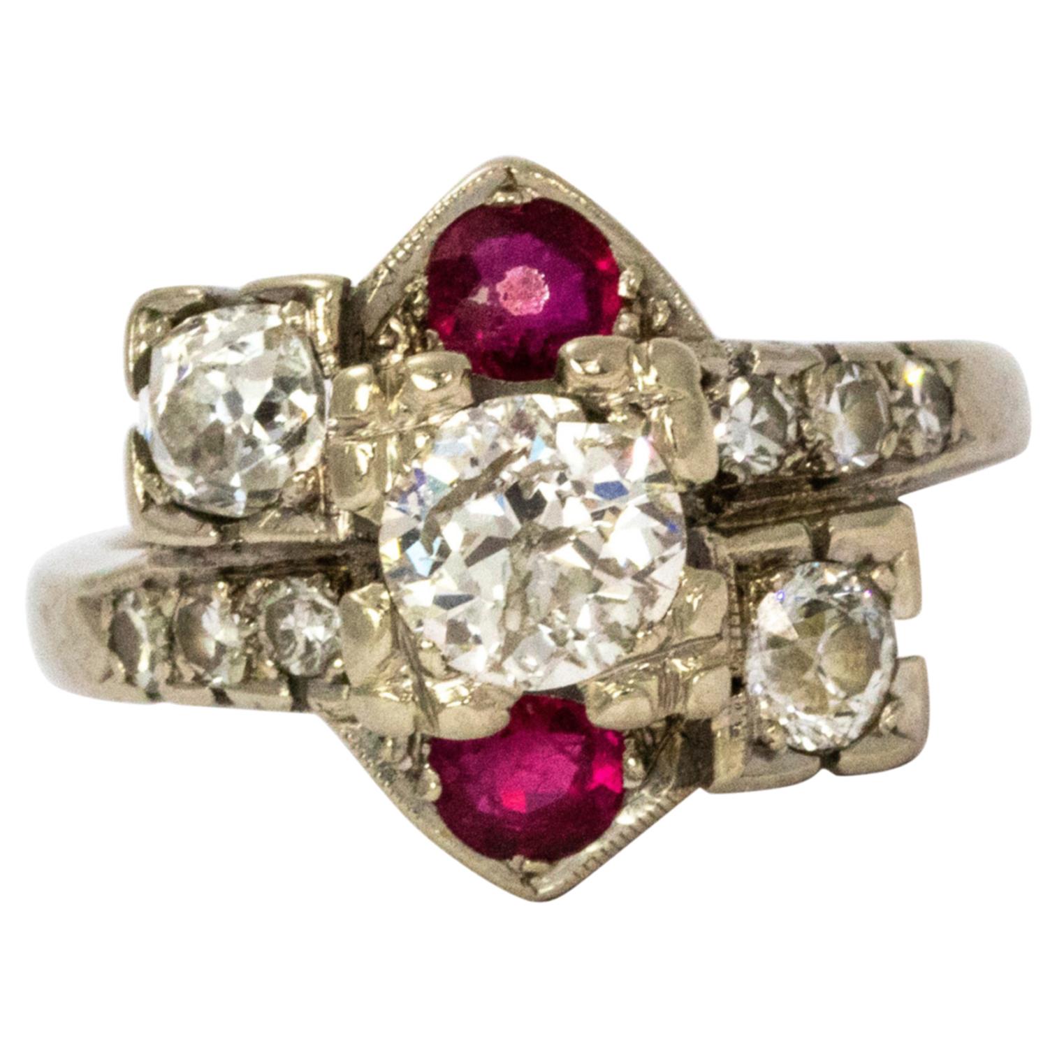 1940s Ruby and Diamond 14 Karat White Gold Cocktail Ring