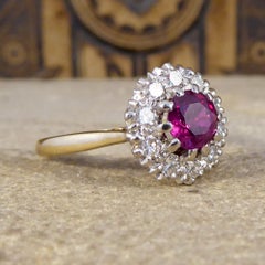1940s Ruby and Diamond Cluster Ring in 18 Carat Yellow Gold and Platinum