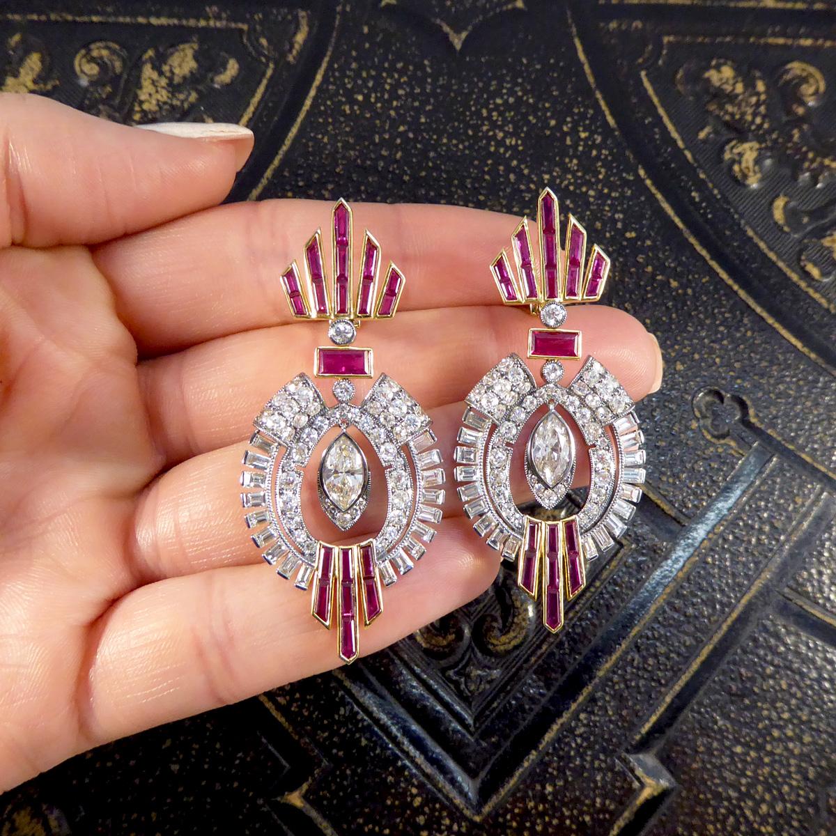 1940's Ruby and Diamond Drop Cocktail Dress Earrings in 18ct Gold and Platinum In Excellent Condition For Sale In Yorkshire, West Yorkshire