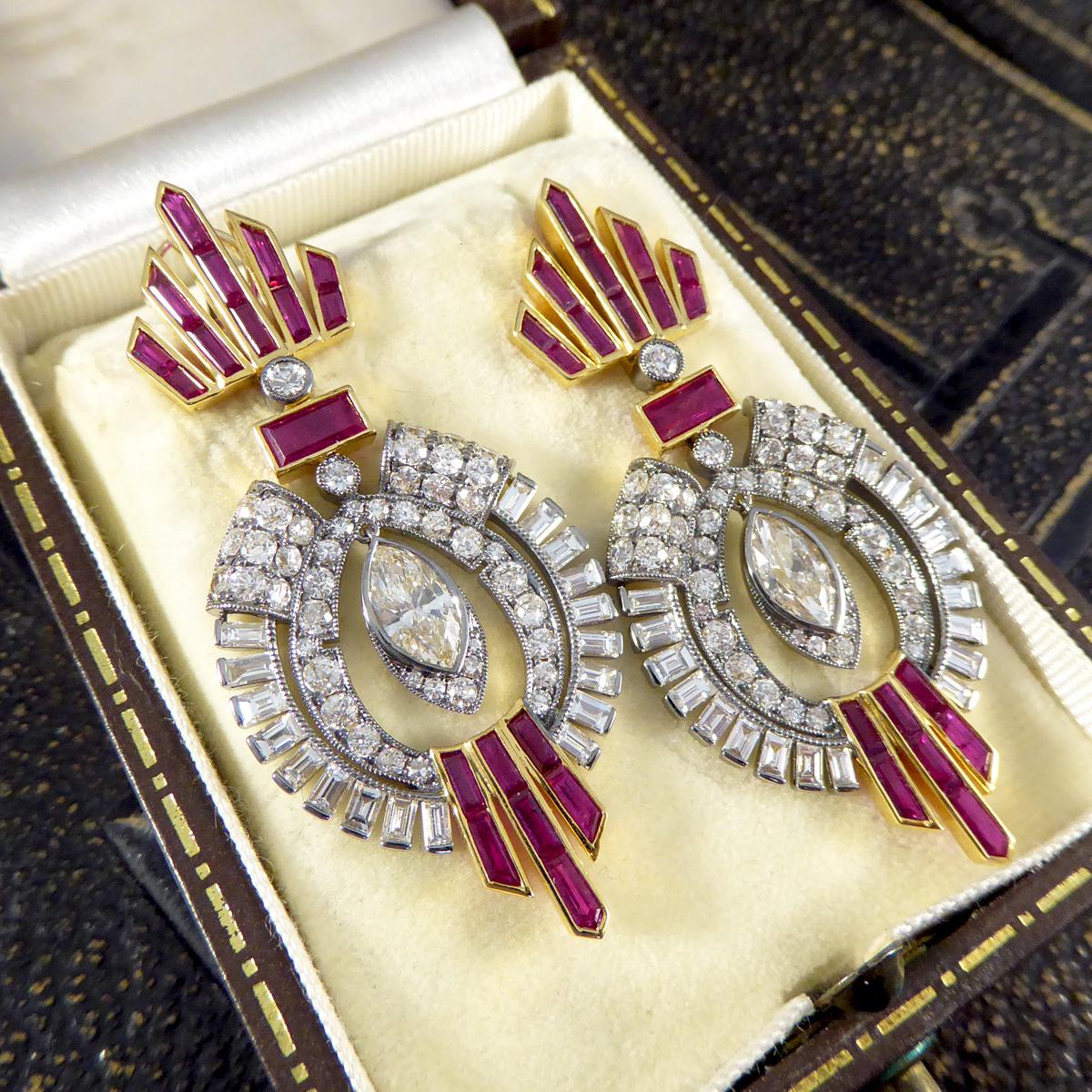 Women's 1940's Ruby and Diamond Drop Cocktail Dress Earrings in 18ct Gold and Platinum For Sale