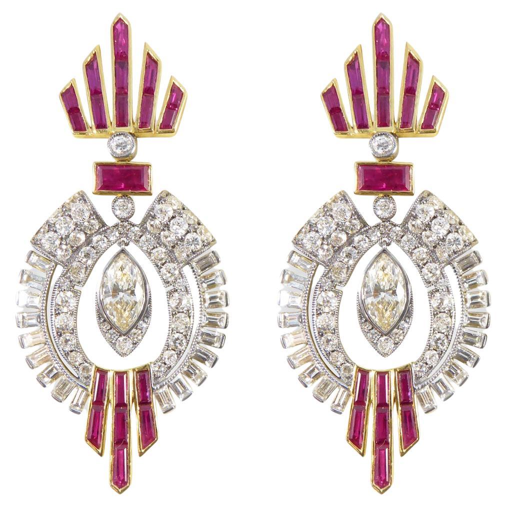 1940's Ruby and Diamond Drop Cocktail Dress Earrings in 18ct Gold and Platinum For Sale