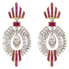 Vintage 1940's Ruby and Diamond Drop Cocktail Dress Earrings in 18ct Gold and Platinum