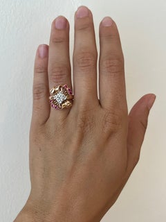 1940s Ruby & Diamond Floral Bow Burst Cocktail Ring – 14K Rose Gold