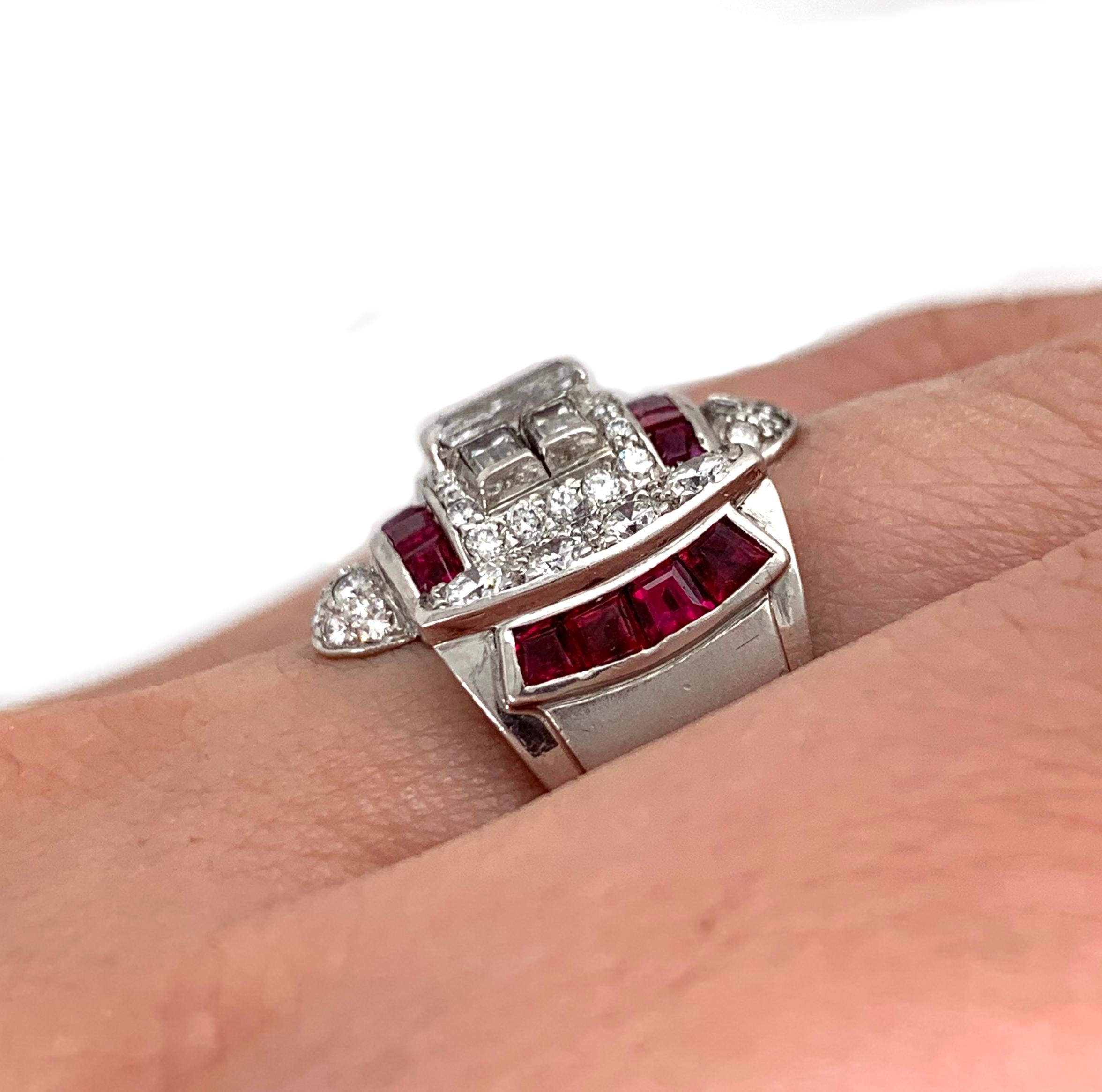 Women's or Men's 1940s Ruby and Diamond Platinum Ring For Sale