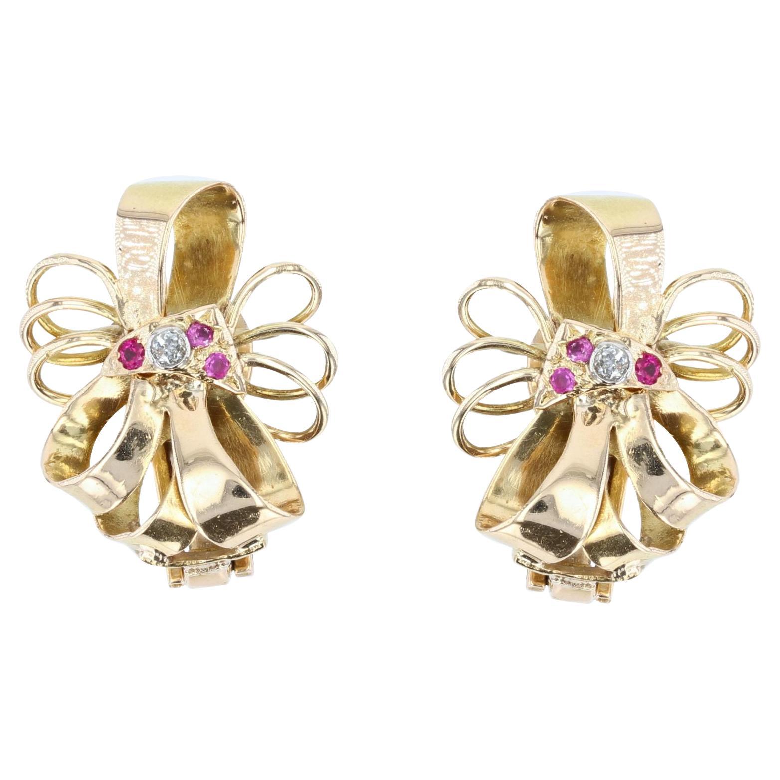 1940er Rubin-Diamanten-Knoten-Ohrringe aus 18 Karat Gelbgold