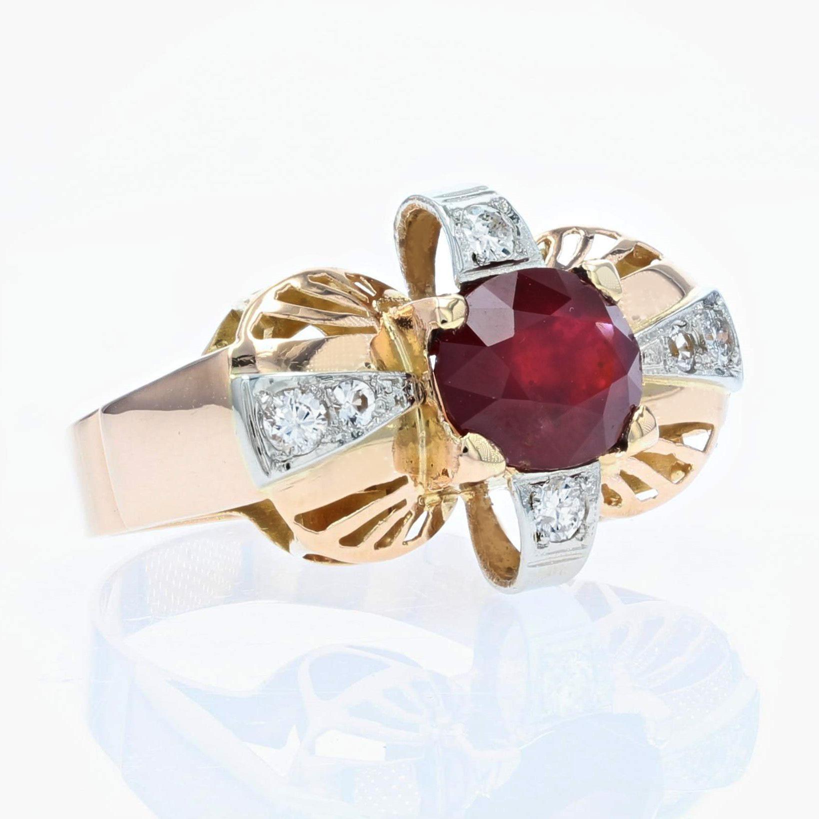 1940s Ruby Diamonds 18 Karat Yellow Gold Ring For Sale 6