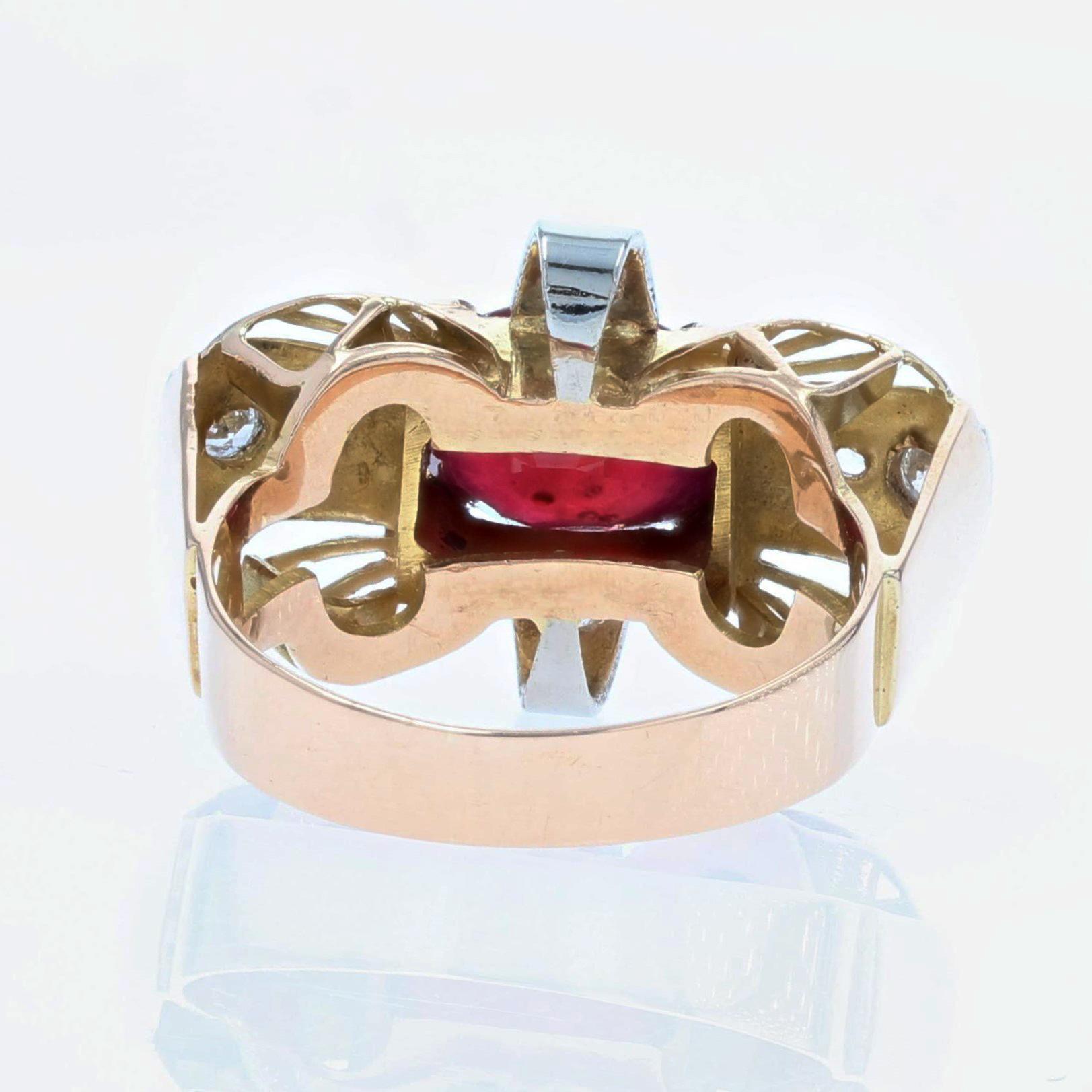 1940s Ruby Diamonds 18 Karat Yellow Gold Ring For Sale 8
