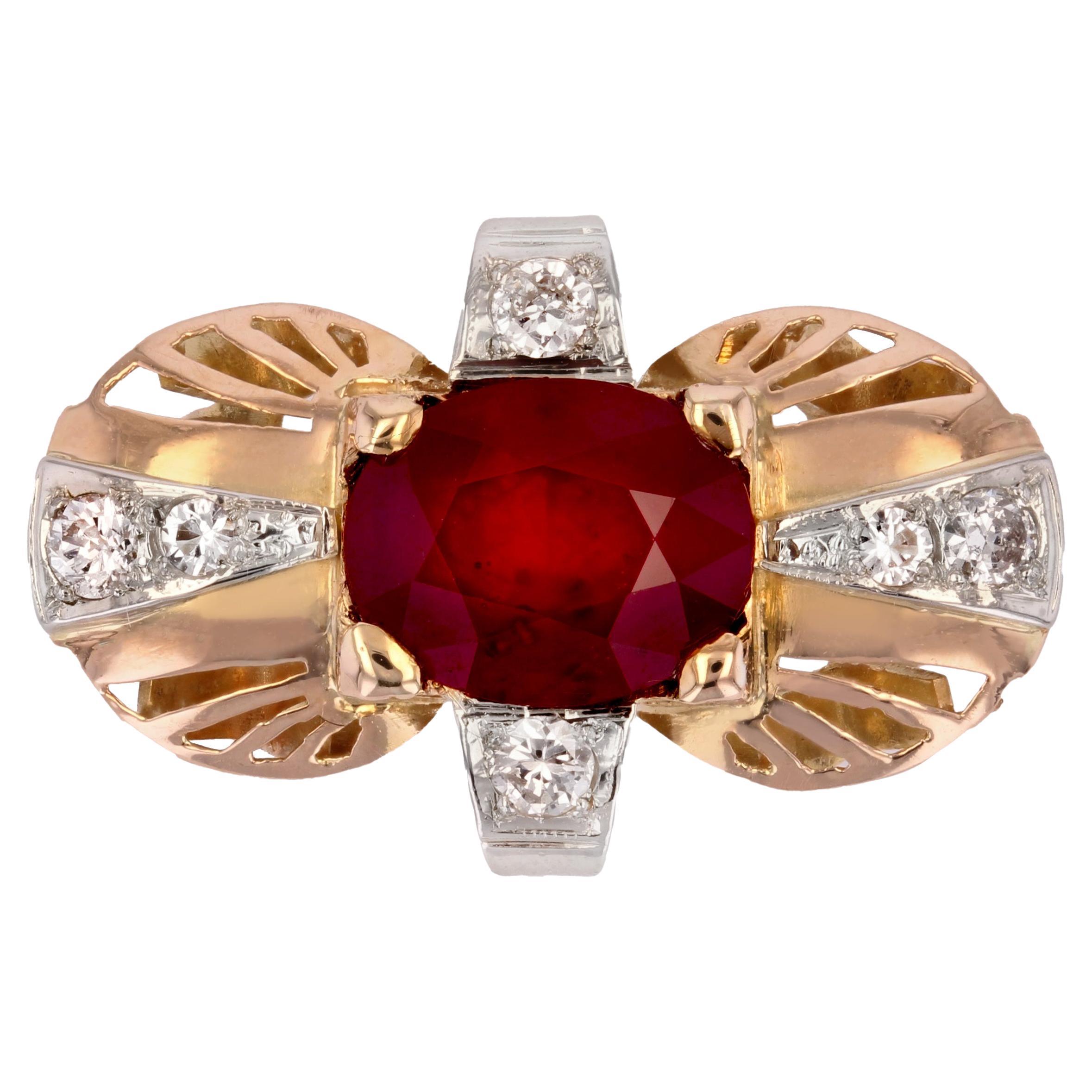 1940s Ruby Diamonds 18 Karat Yellow Gold Ring For Sale