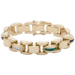 1940s Ruby, Emerald Sapphire with Square Cut Diamonds Flexible Link Bracelet