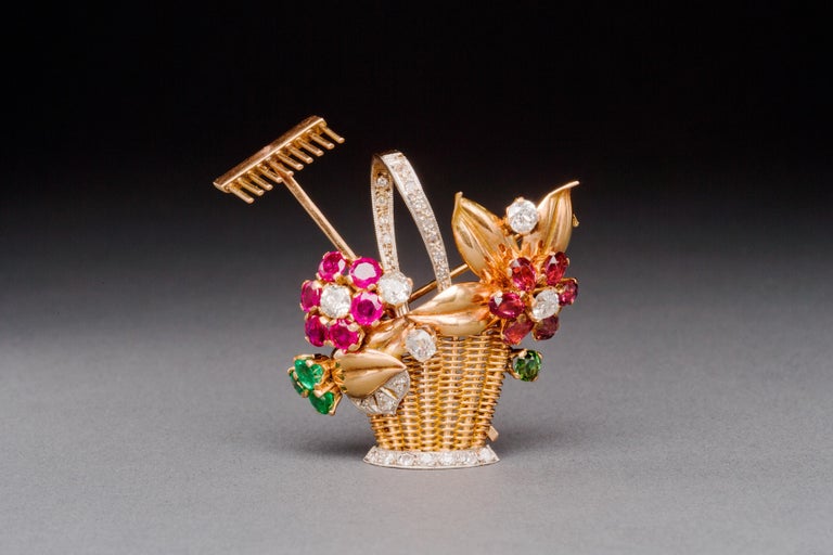 Broche Pendentif Fleur Vintage Avec Cristaux - Style Rubis Et Diamant, Couleur Or 1750