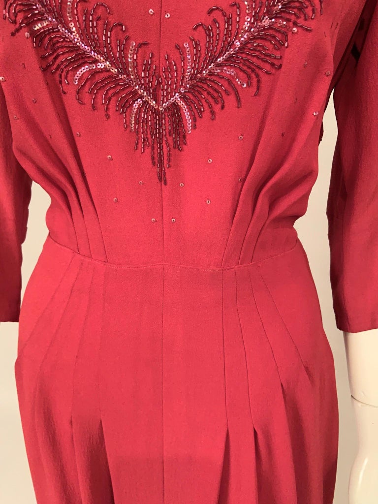 1940's Ruby Red Crepe Evening Gown with Burgundy Bugle Beaded Bodice