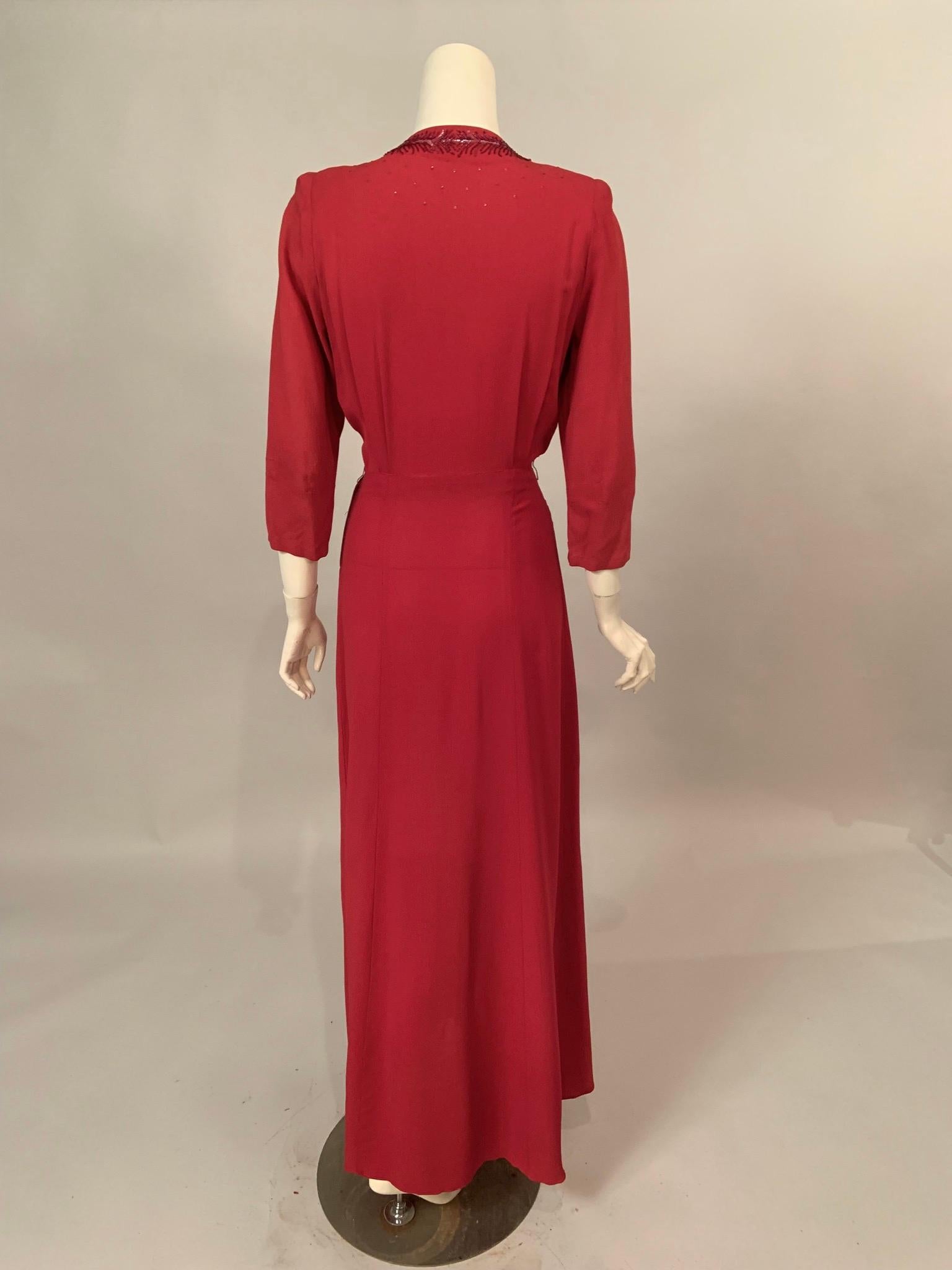 Women's 1940's Ruby Red Crepe Evening Gown with Burgundy Bugle Beaded Bodice
