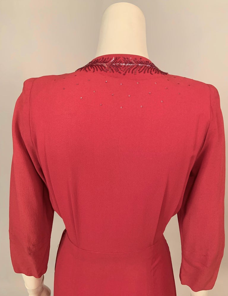 1940's Ruby Red Crepe Evening Gown with Burgundy Bugle Beaded Bodice