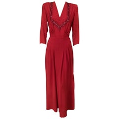 1940's Ruby Red Crepe Evening Gown with Burgundy Bugle Beaded Bodice