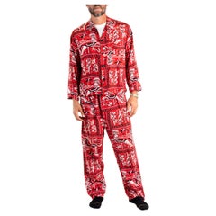 Vintage 1940S Ruby Red Rayon Horse Chariot Pajamas