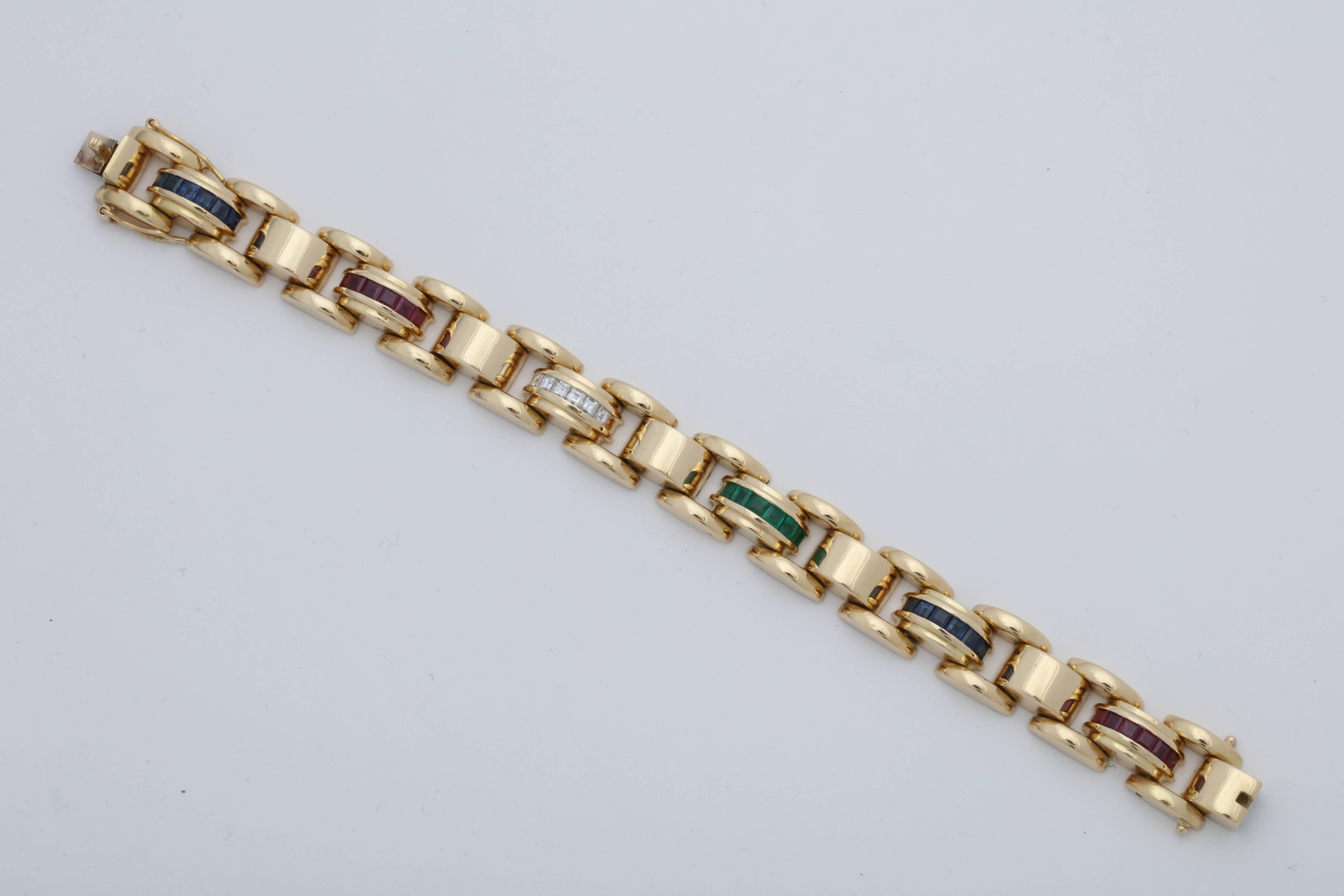 Baguette Cut 1940s Ruby, Emerald Sapphire with Square Cut Diamonds Flexible Link Bracelet