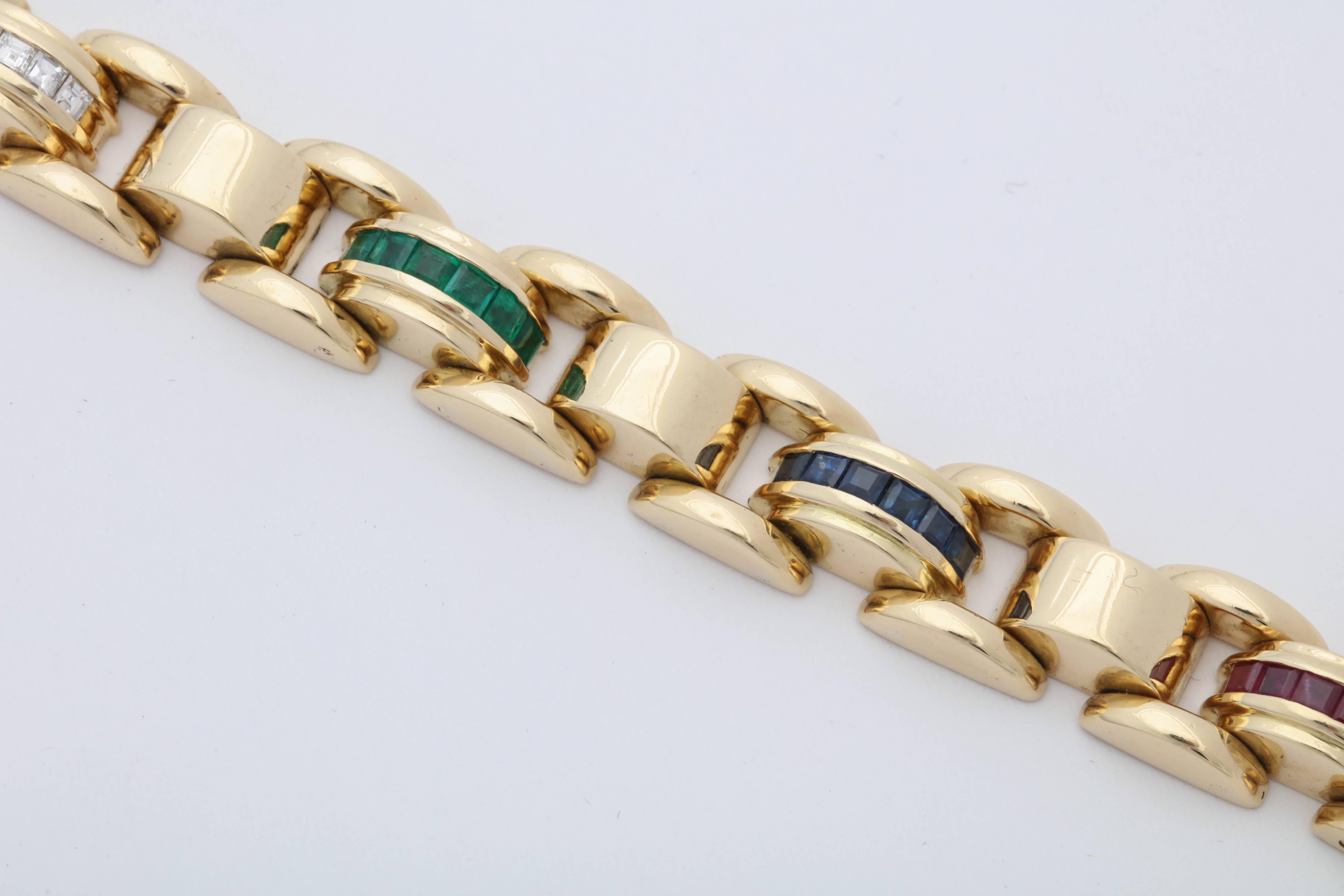 1940s Ruby, Emerald Sapphire with Square Cut Diamonds Flexible Link Bracelet 1