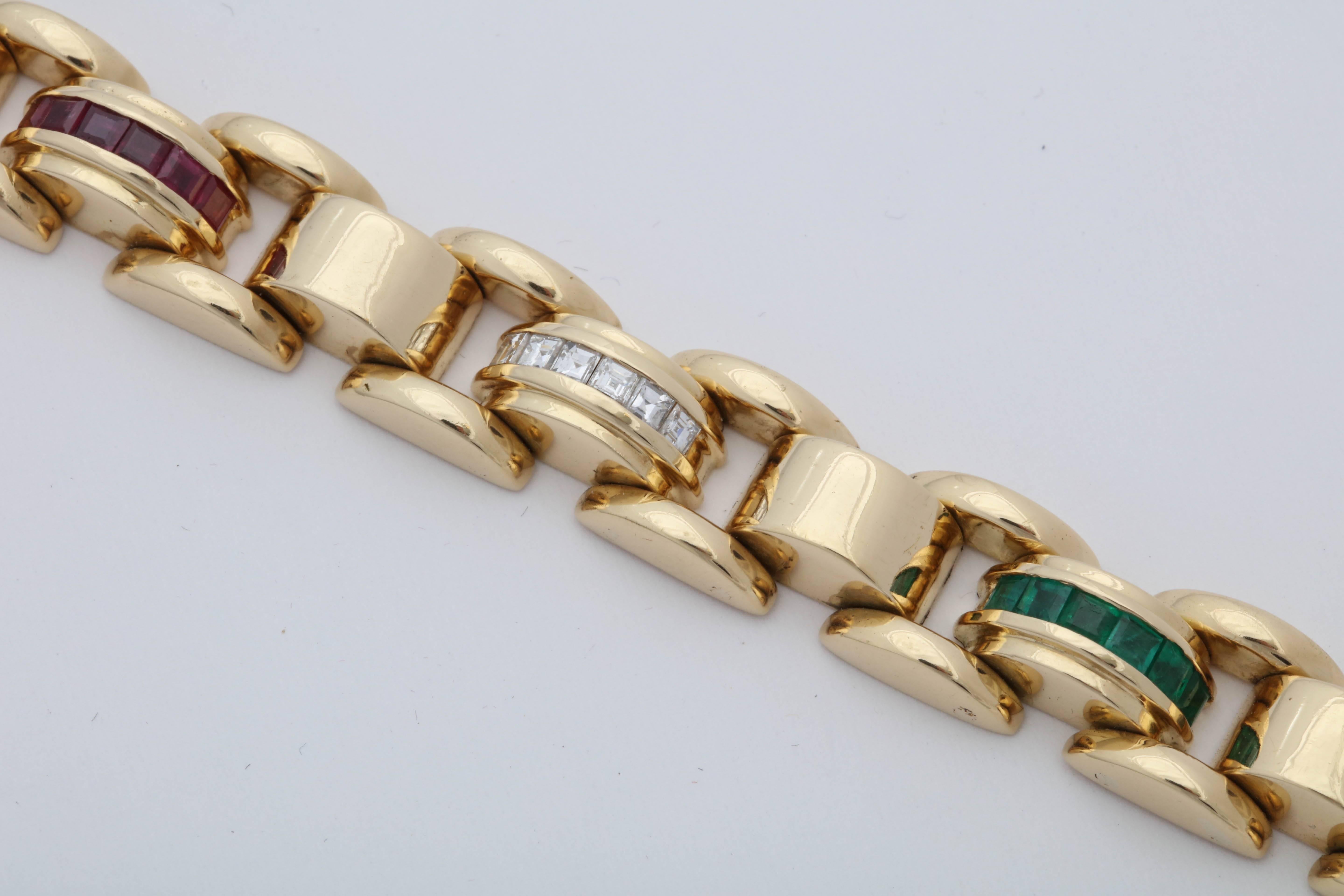 1940s Ruby, Emerald Sapphire with Square Cut Diamonds Flexible Link Bracelet 3