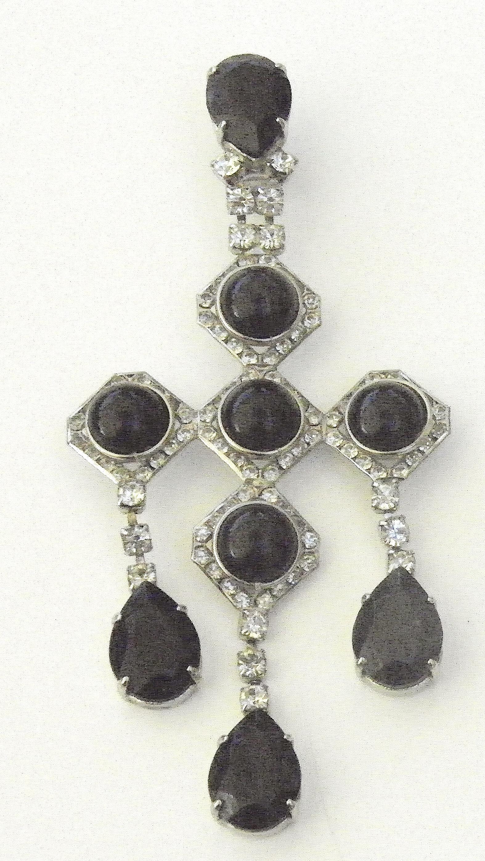 Gorgeous 1930-40s Large Impressive Haute Couture 4 3/4 in. Drop Runway Earrings-sterling silver, Onyx black stones, and diamente trimmed chandelier clip on earrings, formerly belonging to Rebecca Harkness- the society heiress to standard oil who