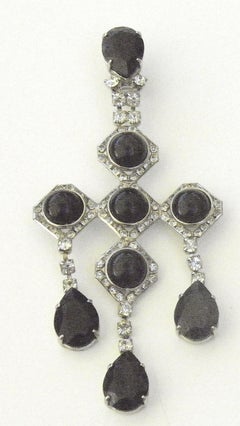 1940s Runway Pair Onyx Diamente Sterling Chandelier Earring- 4 3/4" long