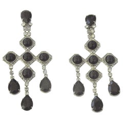 Antique 1940s Runway Pair Onyx Diamente Sterling Chandelier Earring- 4 3/4" long