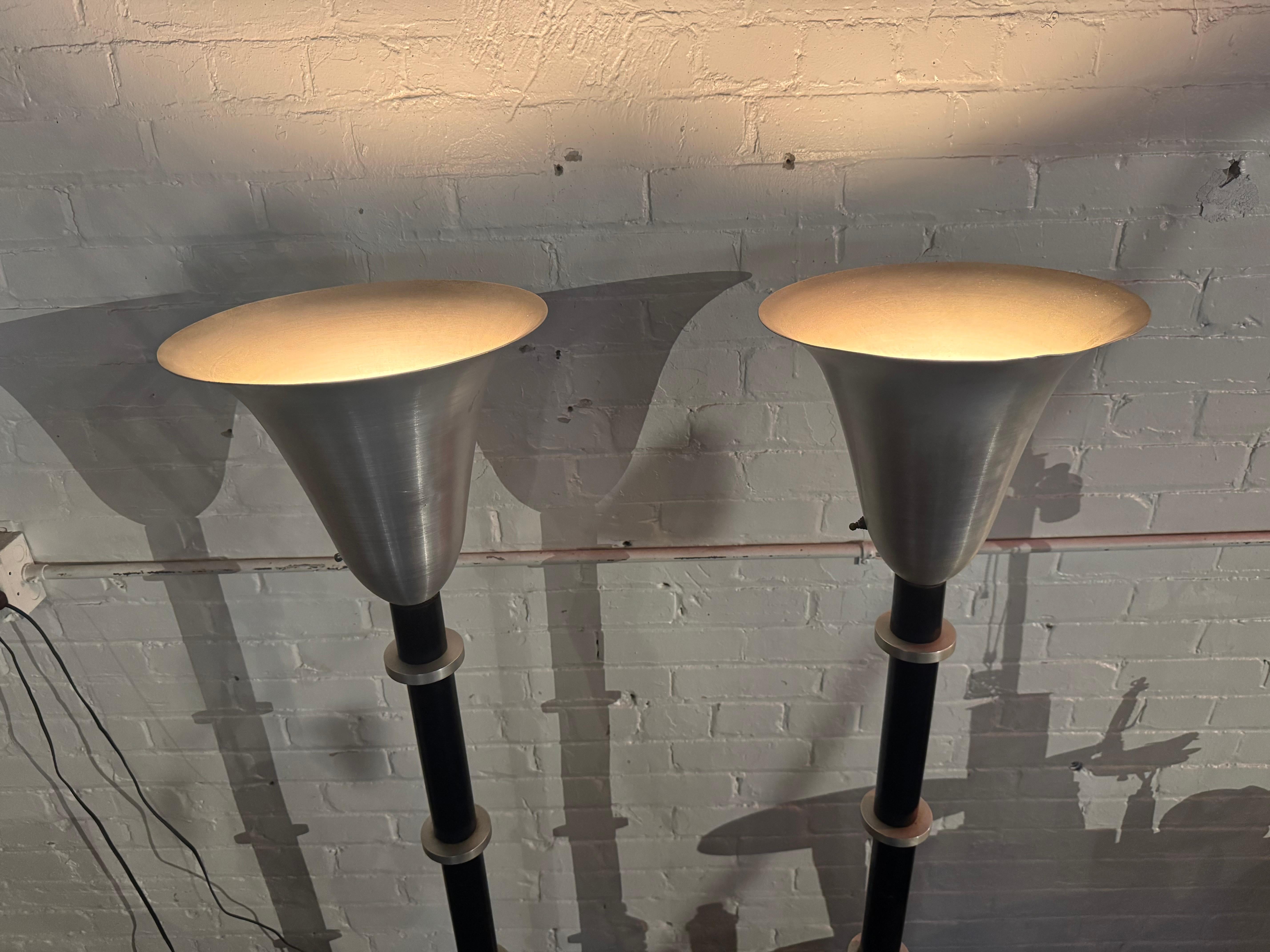 American 1940s Russel Wright Art Deco/MACHINE AGE, Spun Aluminum Torchiere Floor Lamps For Sale