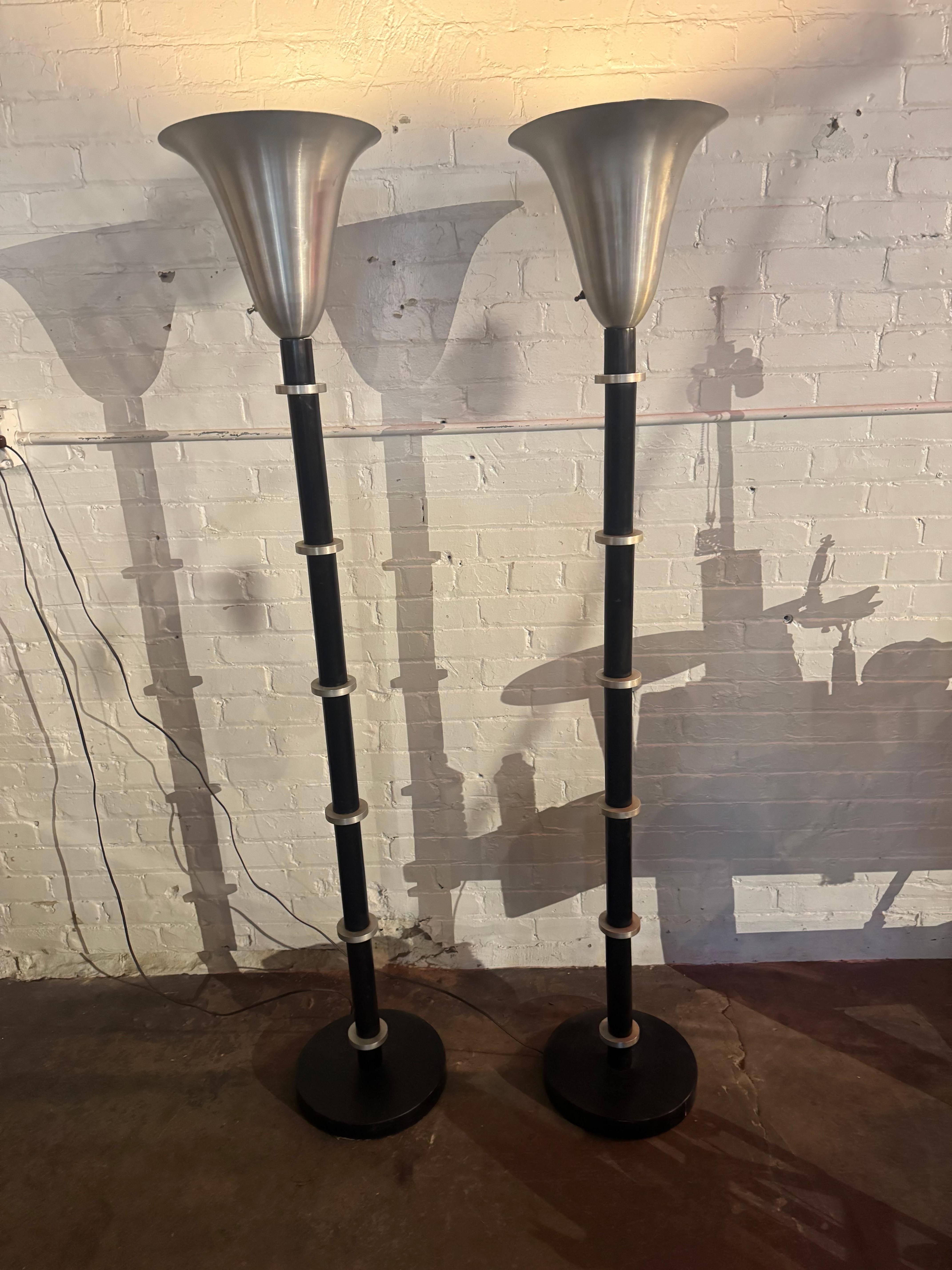 Mid-20th Century 1940s Russel Wright Art Deco/MACHINE AGE, Spun Aluminum Torchiere Floor Lamps For Sale