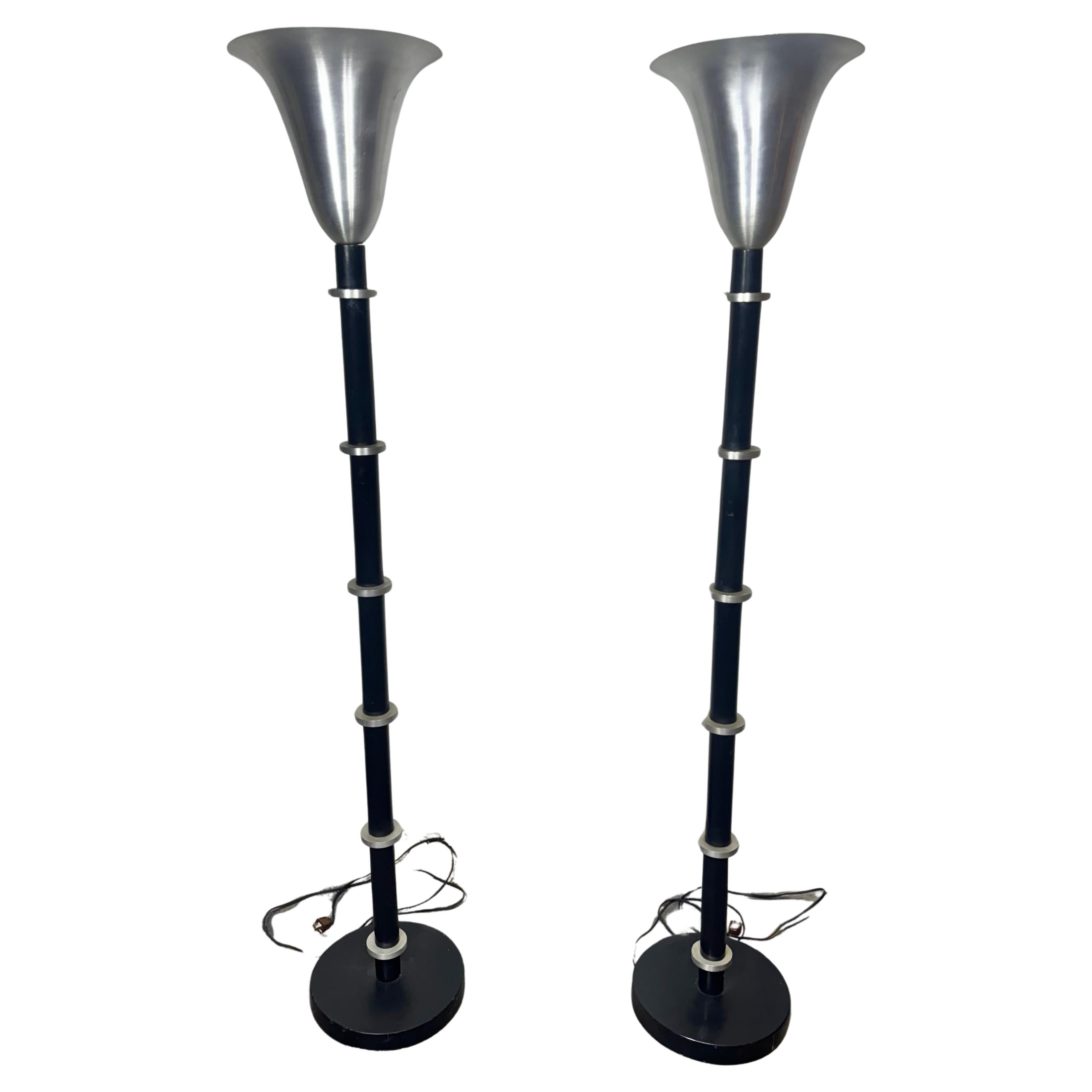 1940s Russel Wright Art Deco/MACHINE AGE, Spun Aluminum Torchiere Floor Lamps