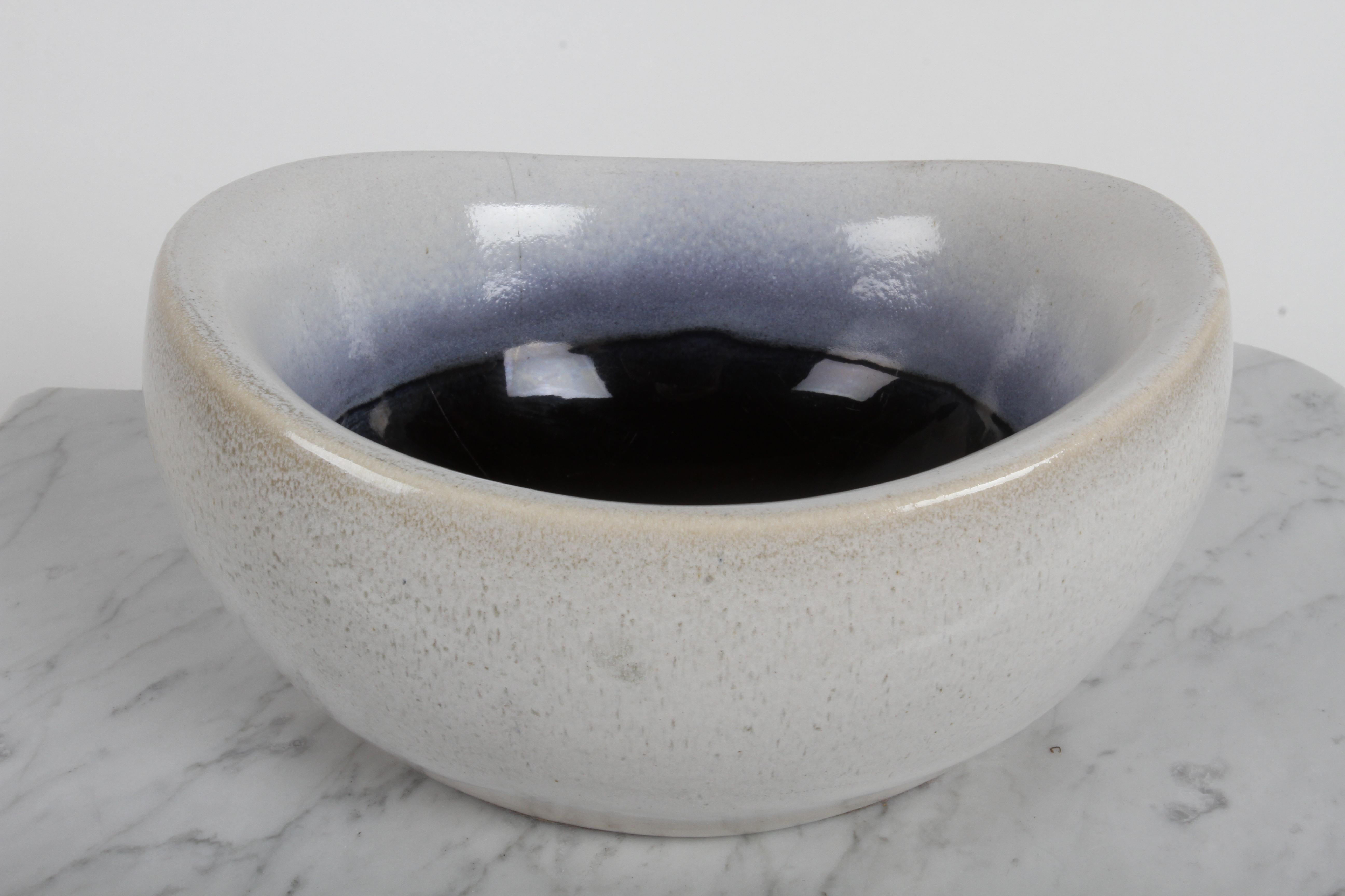 1940s Russel Wright for Bauer Art Pottery - Large Oval Light Gray & Blue Bowl 6