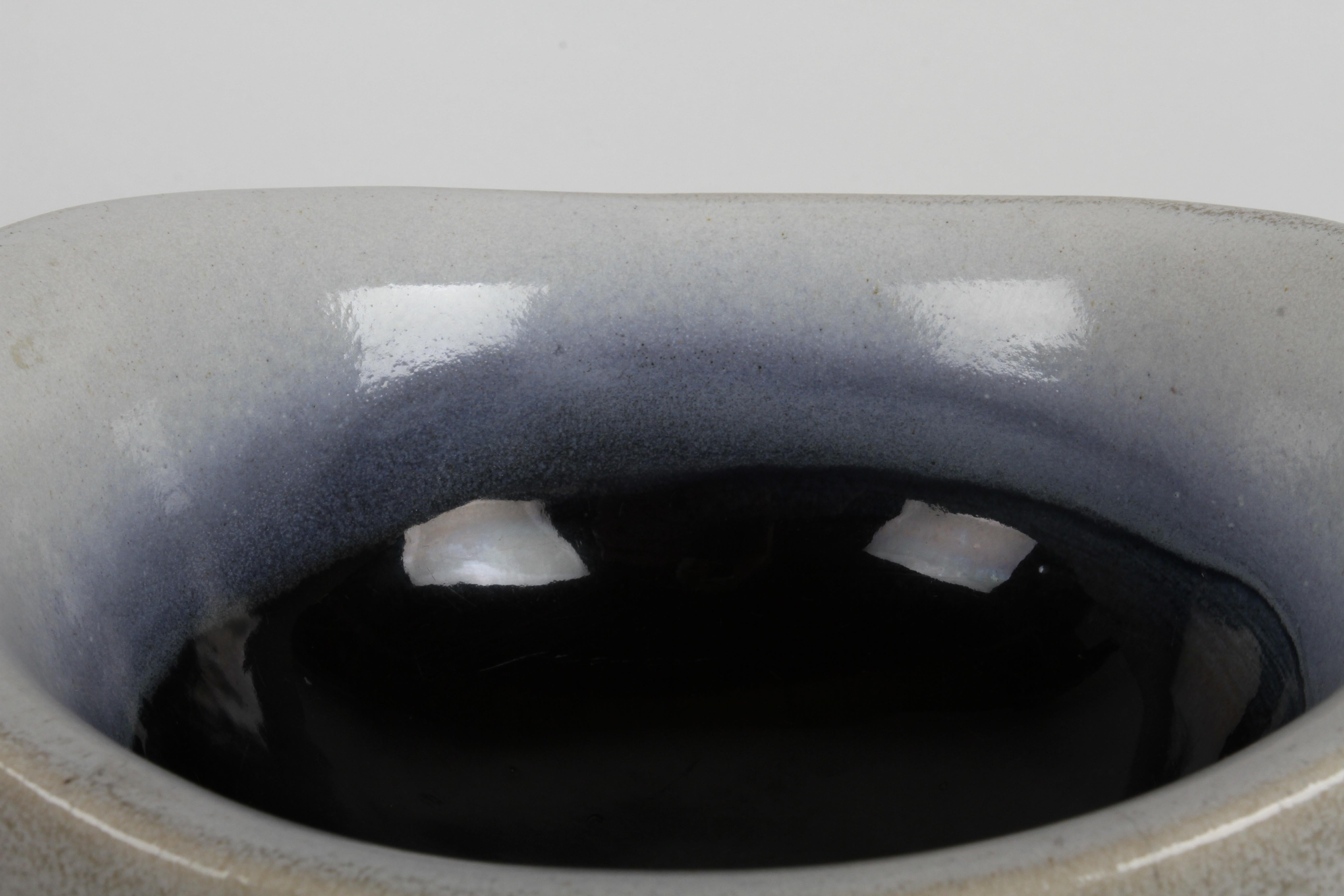 1940s Russel Wright for Bauer Art Pottery - Large Oval Light Gray & Blue Bowl 2
