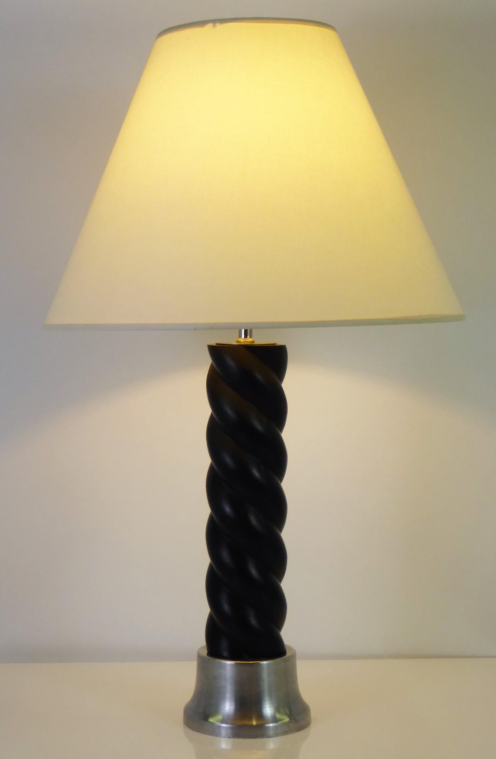 American 1940s Russell Wright Spun Aluminum and Black Wood Table Lamp