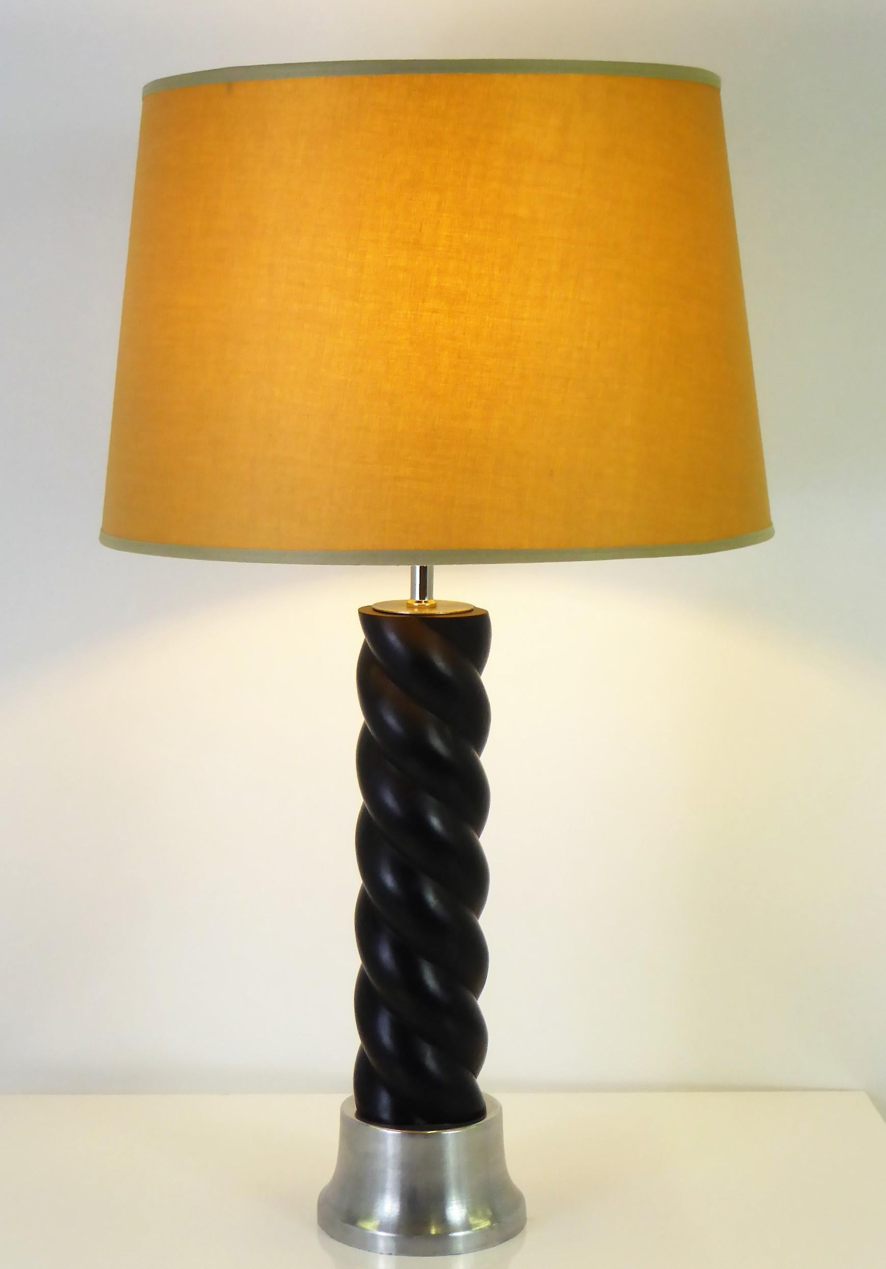 1940s Russell Wright Spun Aluminum and Black Wood Table Lamp In Good Condition In Miami, FL