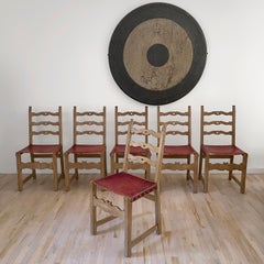 1940s Rustic French Cerused Oak & Leather Dining Chairs - Set of 6