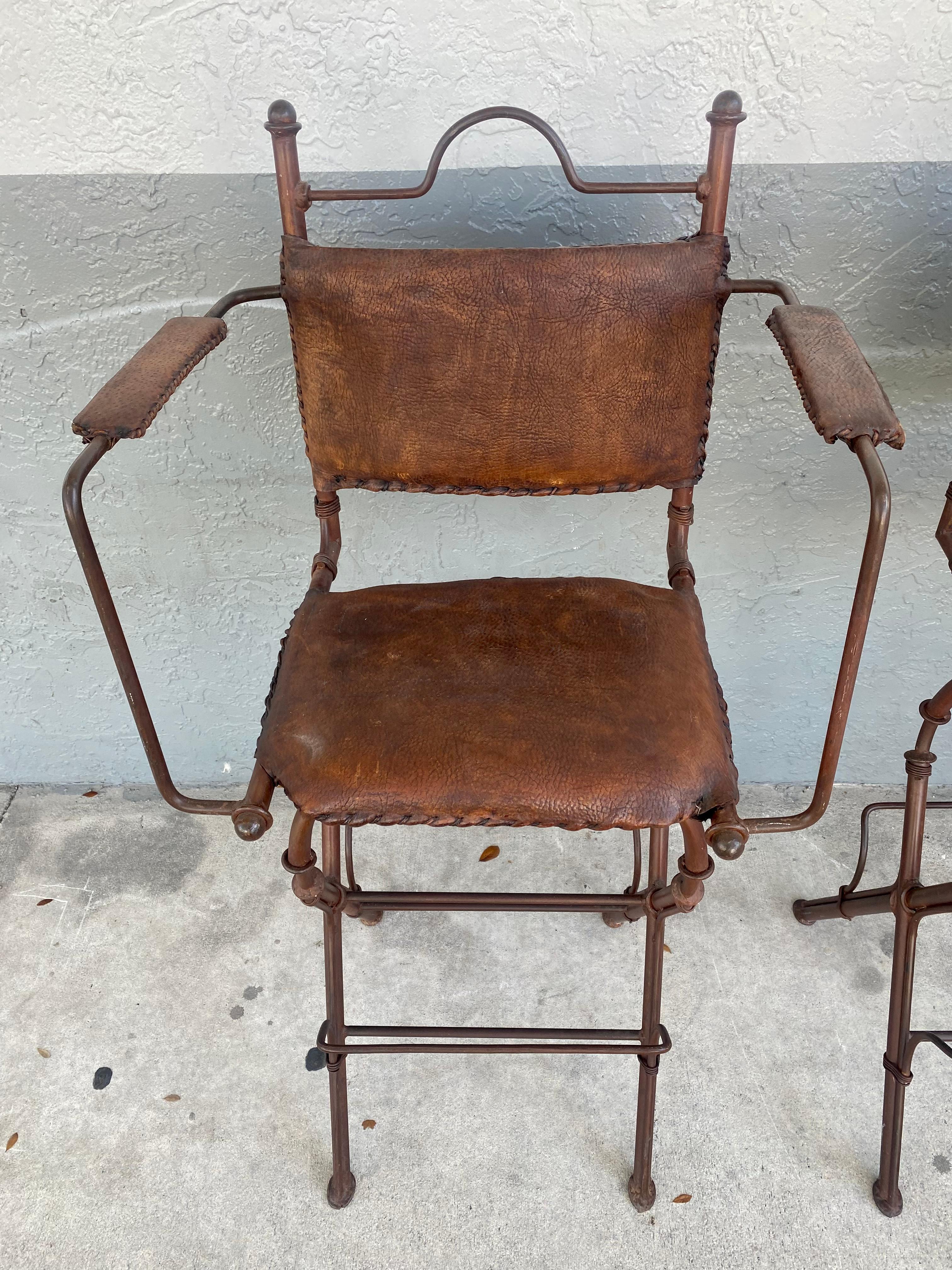 1940s Rustic Industrial Iron and Buffalo Leather Swivel Stools, Set of 4 For Sale 6