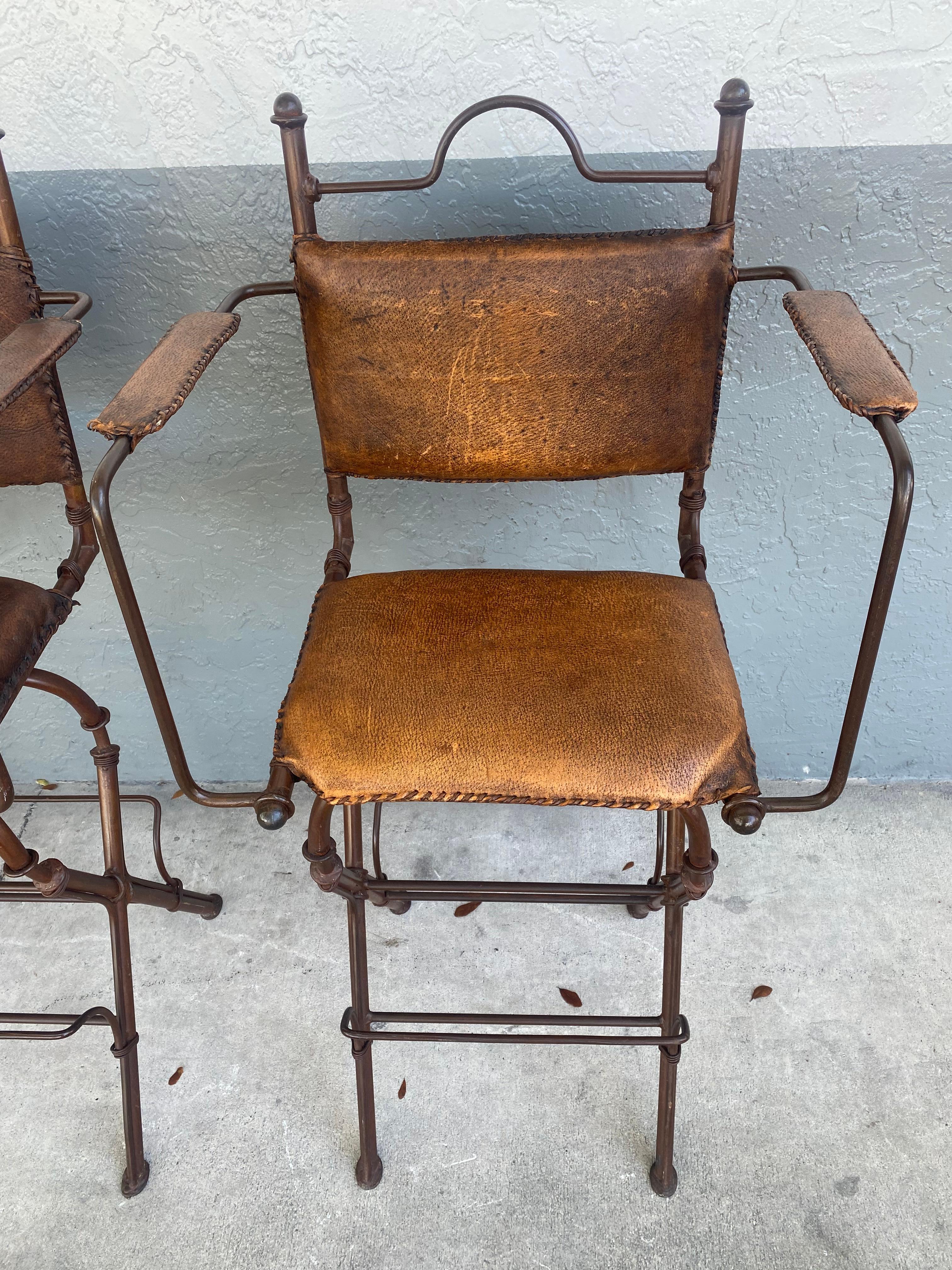 1940s Rustic Industrial Iron and Buffalo Leather Swivel Stools, Set of 4 For Sale 7