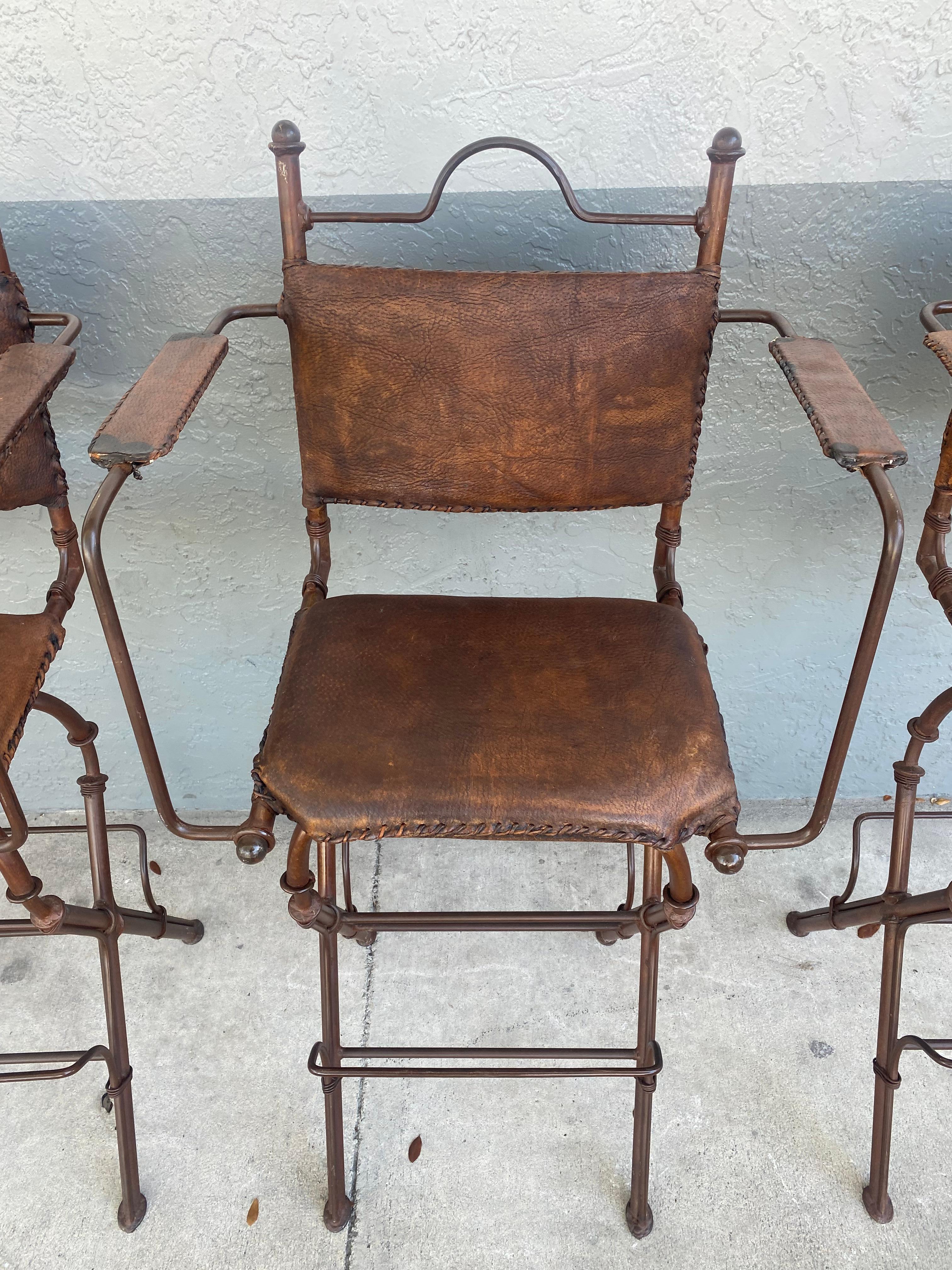 1940s Rustic Industrial Iron and Buffalo Leather Swivel Stools, Set of 4 For Sale 8