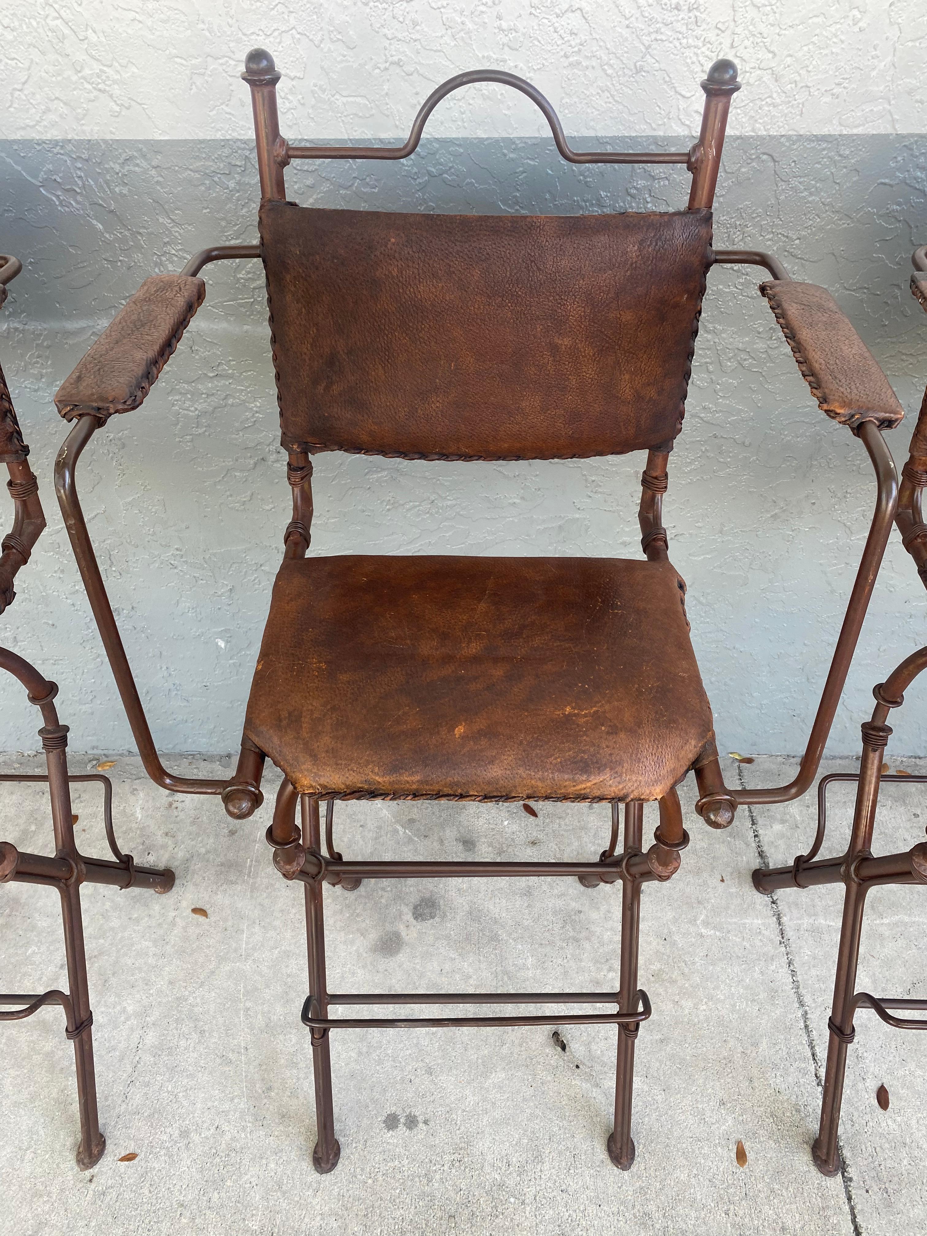 1940s Rustic Industrial Iron and Buffalo Leather Swivel Stools, Set of 4 For Sale 9