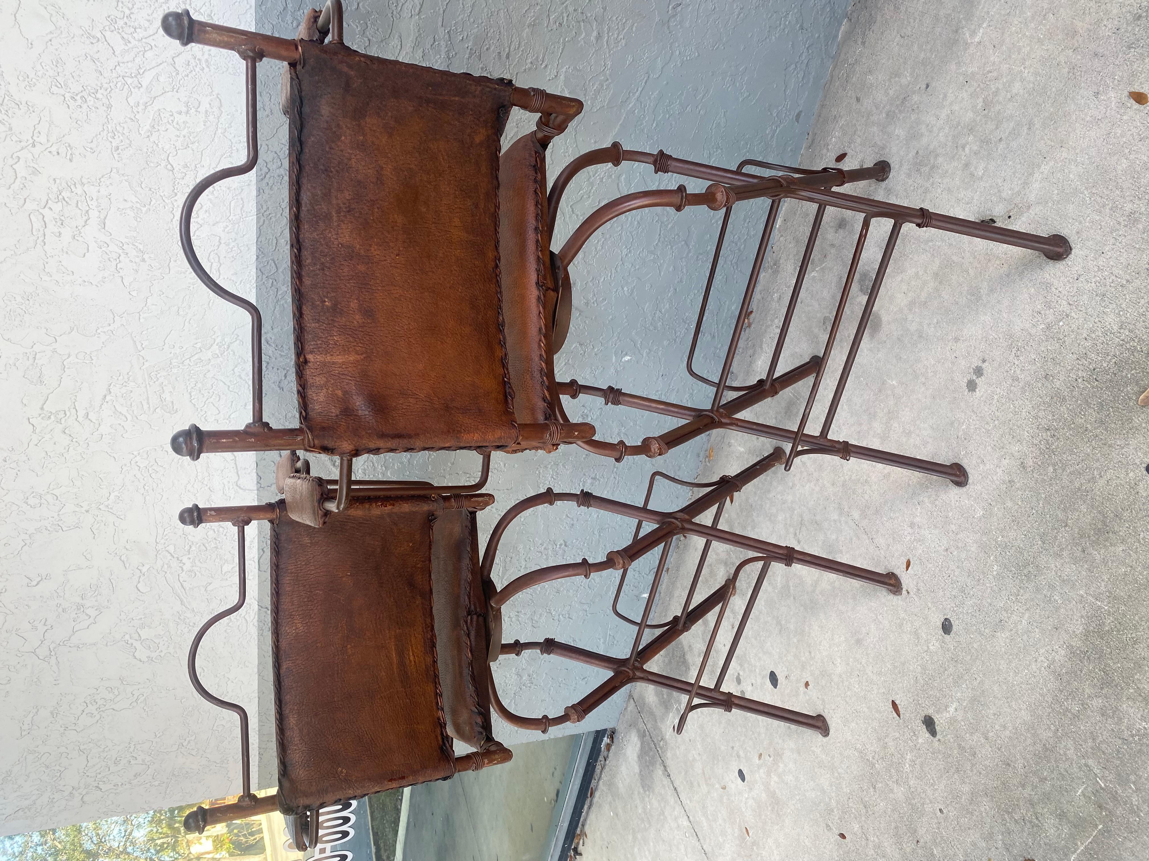 1940s Rustic Industrial Iron and Buffalo Leather Swivel Stools, Set of 4 For Sale 12