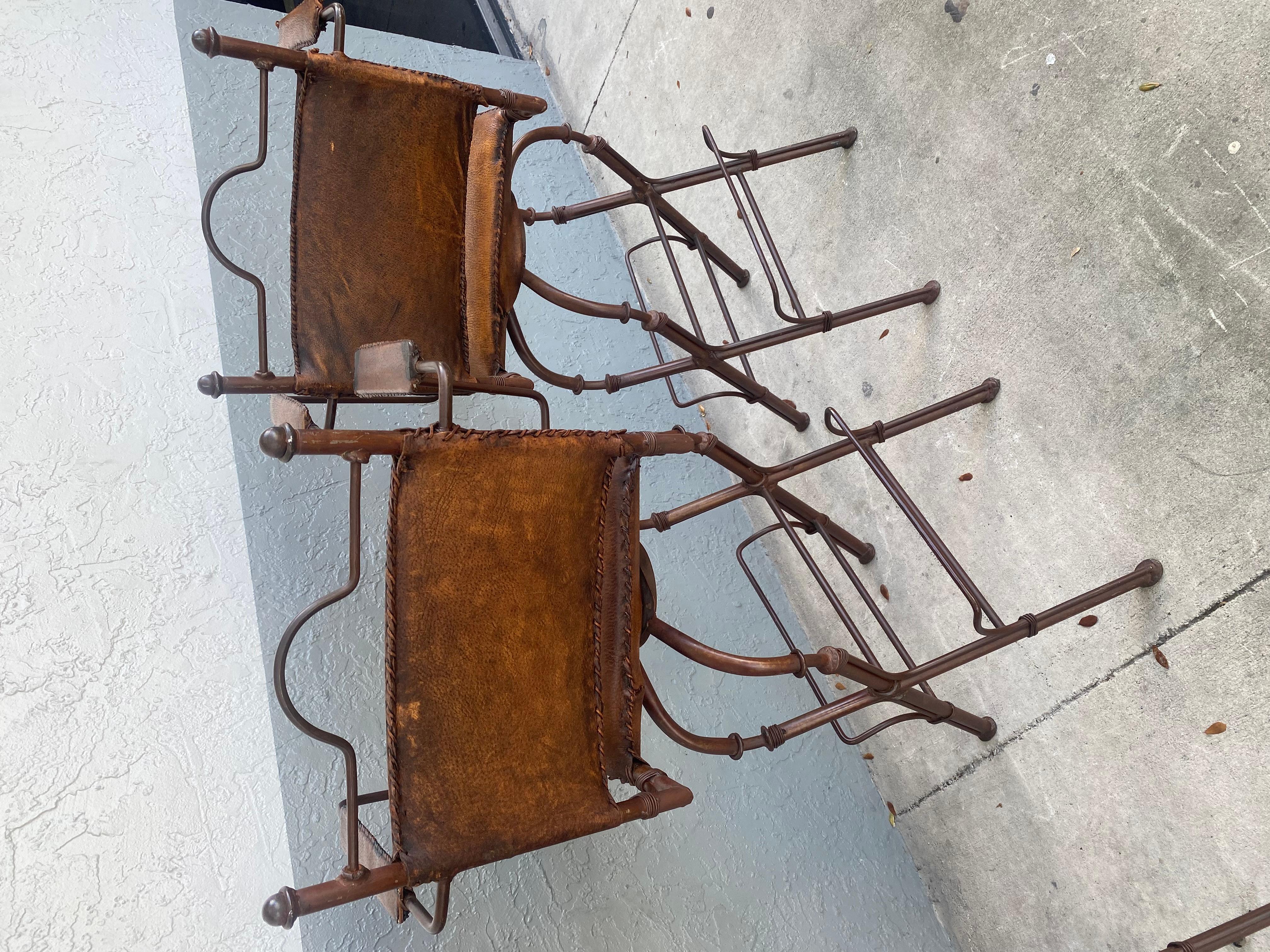 1940s Rustic Industrial Iron and Buffalo Leather Swivel Stools, Set of 4 For Sale 13