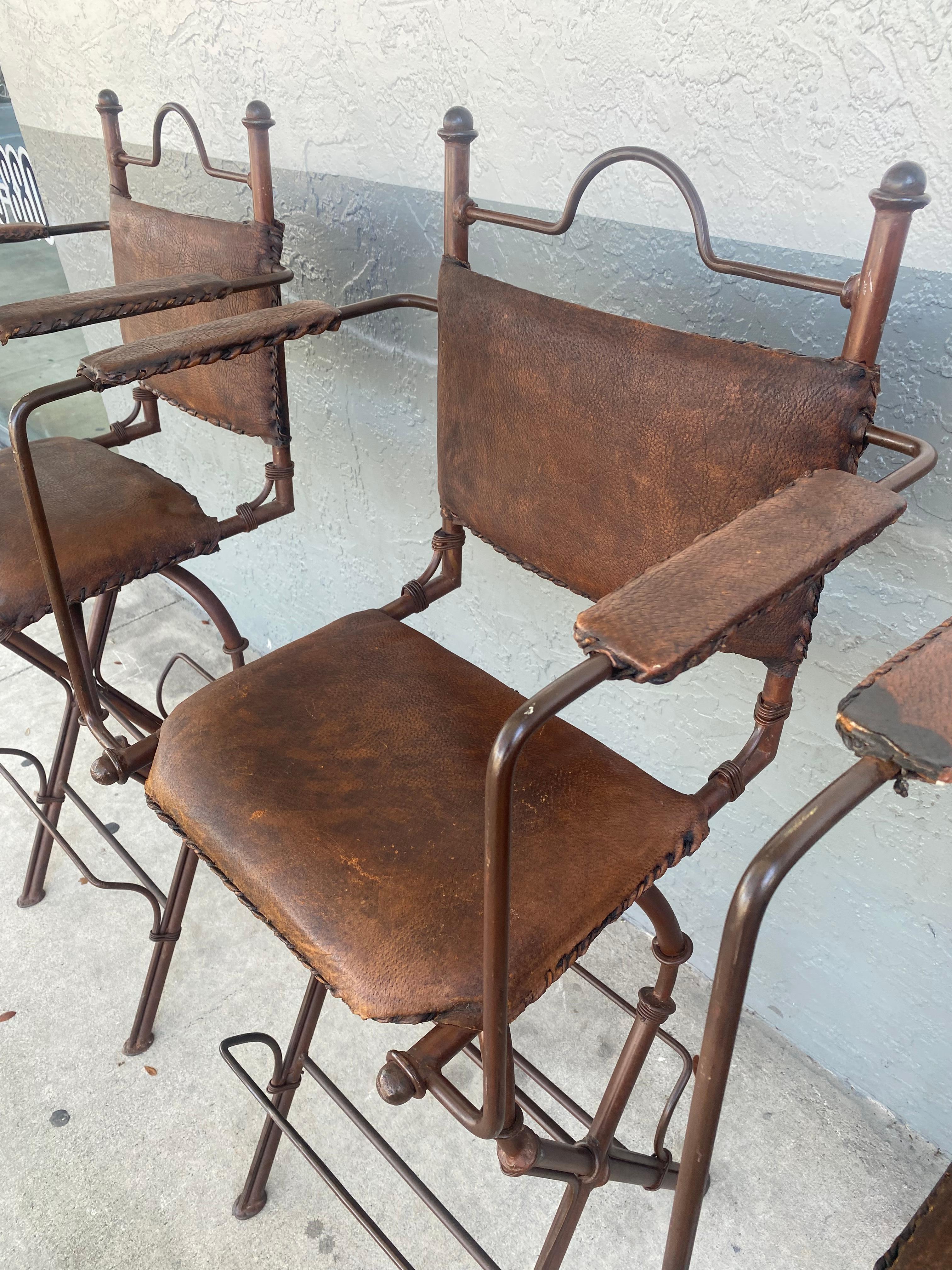 1940s Rustic Industrial Iron and Buffalo Leather Swivel Stools, Set of 4 For Sale 3