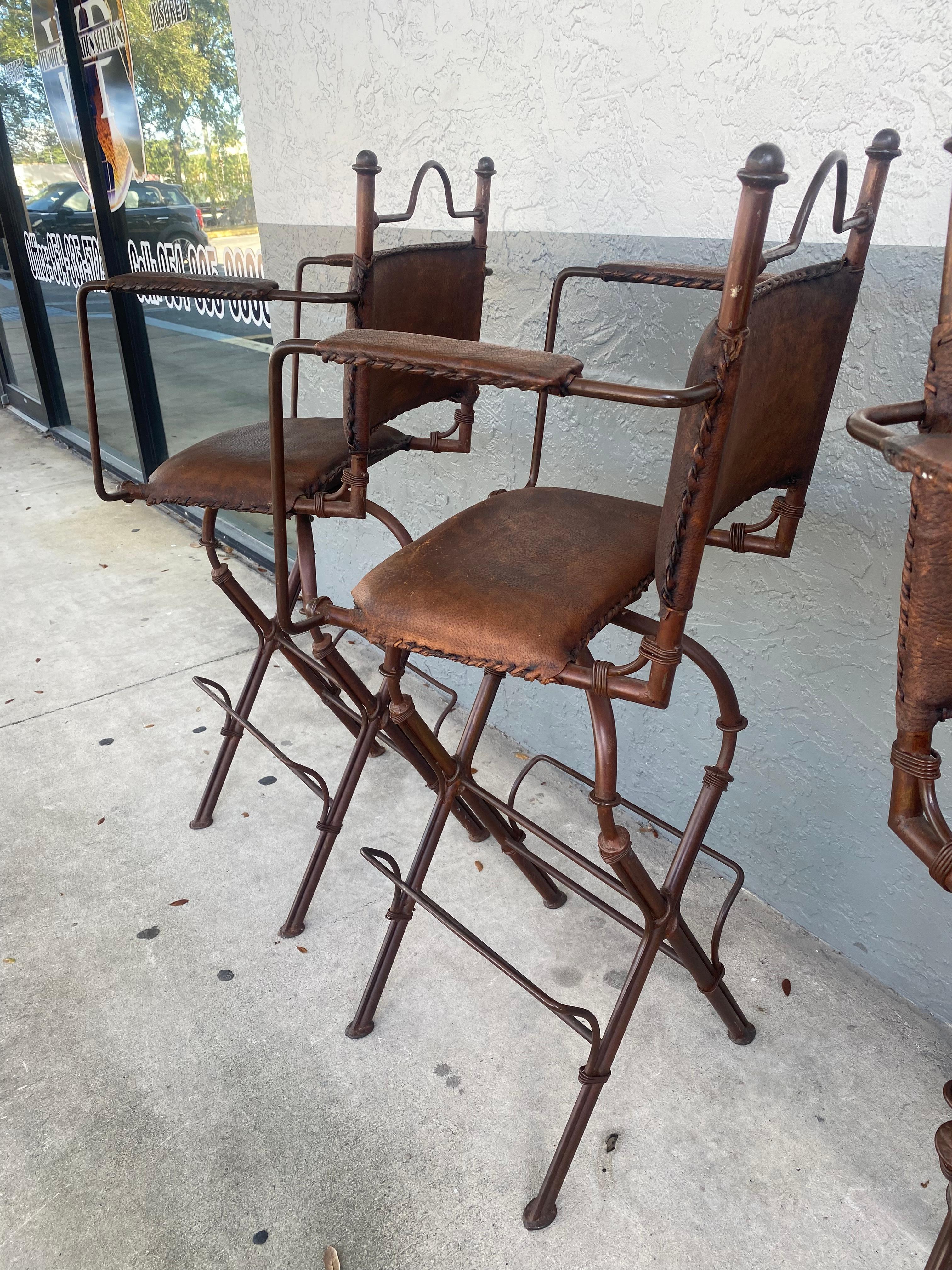 1940s Rustic Industrial Iron and Buffalo Leather Swivel Stools, Set of 4 For Sale 4