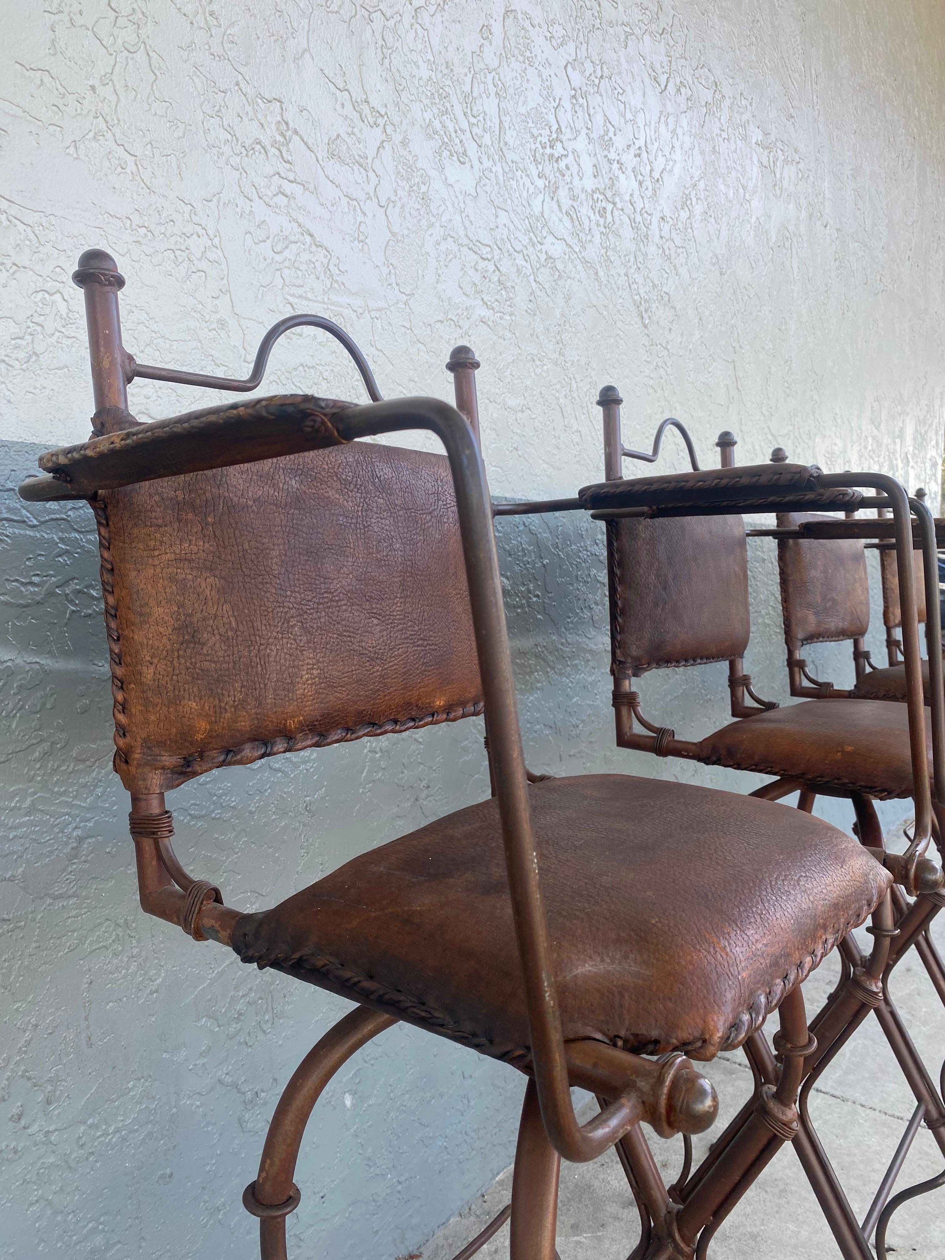1940s Rustic Industrial Iron and Buffalo Leather Swivel Stools, Set of 4 For Sale 5