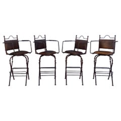 1940s Rustic Industrial Iron and Buffalo Leather Swivel Stools, Set of 4