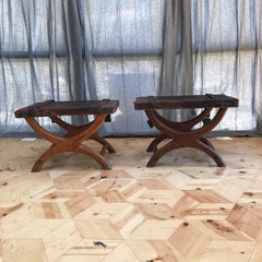 1940s Spanish Colonial Curule Stools Rustic Handsome Leather - Set of Two