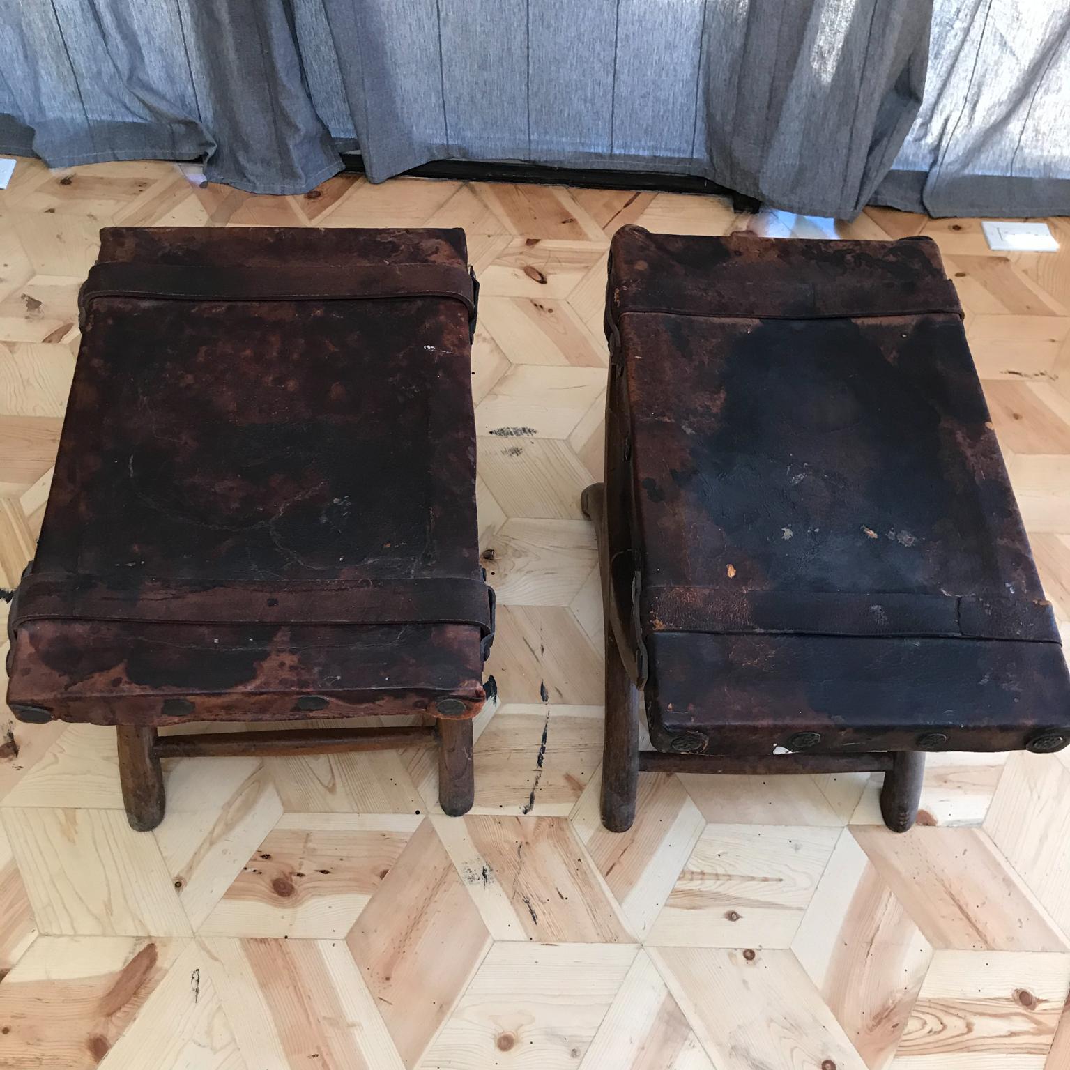 Mexican 1940s Spanish Colonial Curule Stools Rustic Handsome Leather   - Set of Two