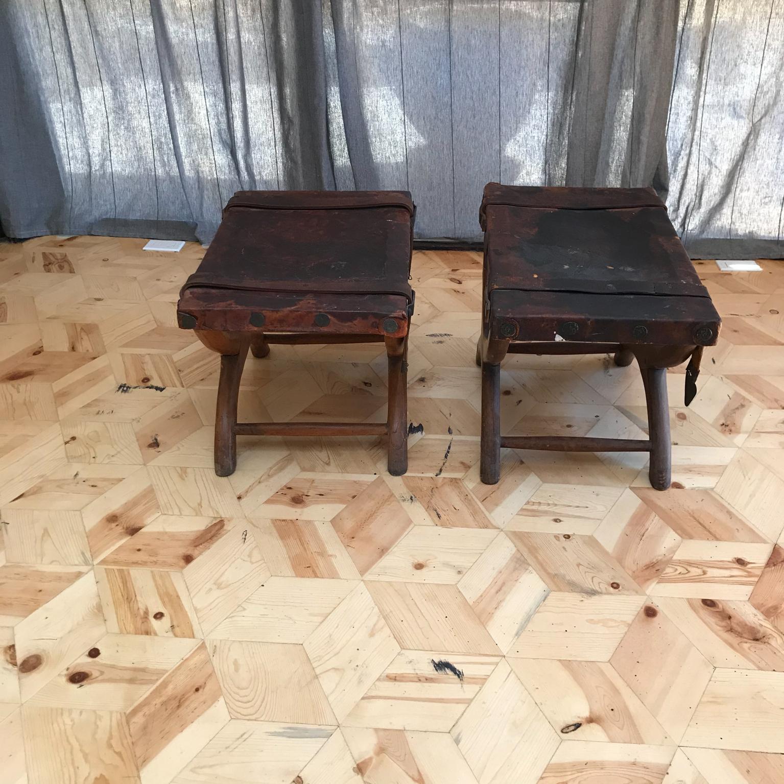 1940s Spanish Colonial Curule Stools Rustic Handsome Leather   - Set of Two In Good Condition In Chula Vista, CA