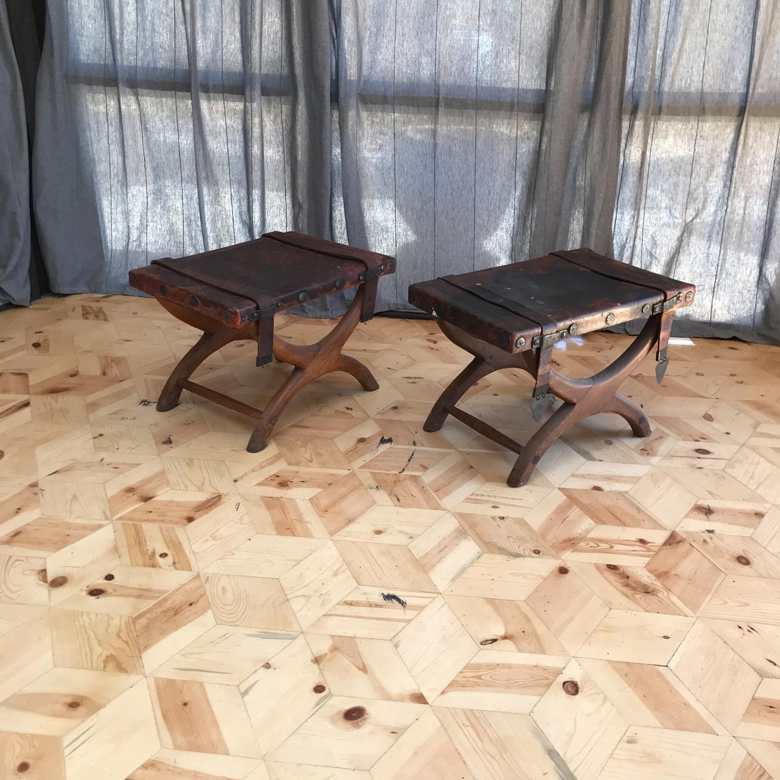 Mid-20th Century 1940s Spanish Colonial Curule Stools Rustic Handsome Leather   - Set of Two
