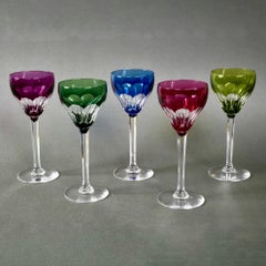 1940s Saint Louis French Set of Five Colored Hand-Cut Crystal Wine Glasses