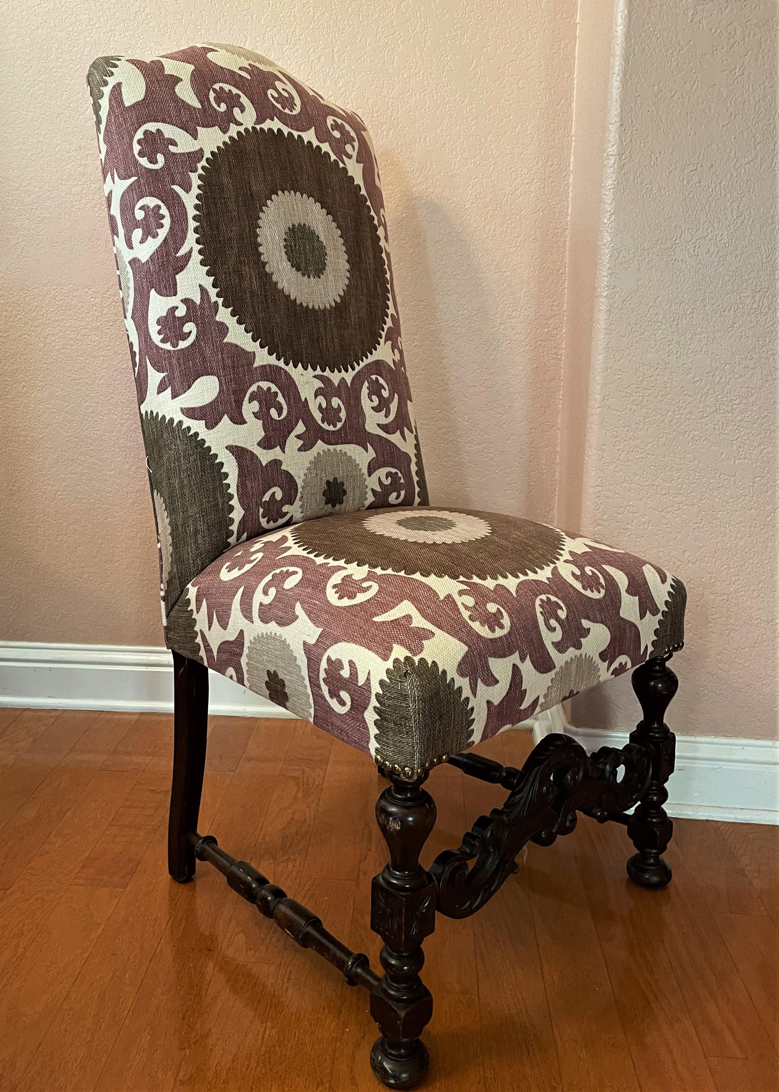 Spanish Colonial 1940s Santa Barbara-Style Side Chair in Lavender, Taupe, Brown with Walnut Frame For Sale